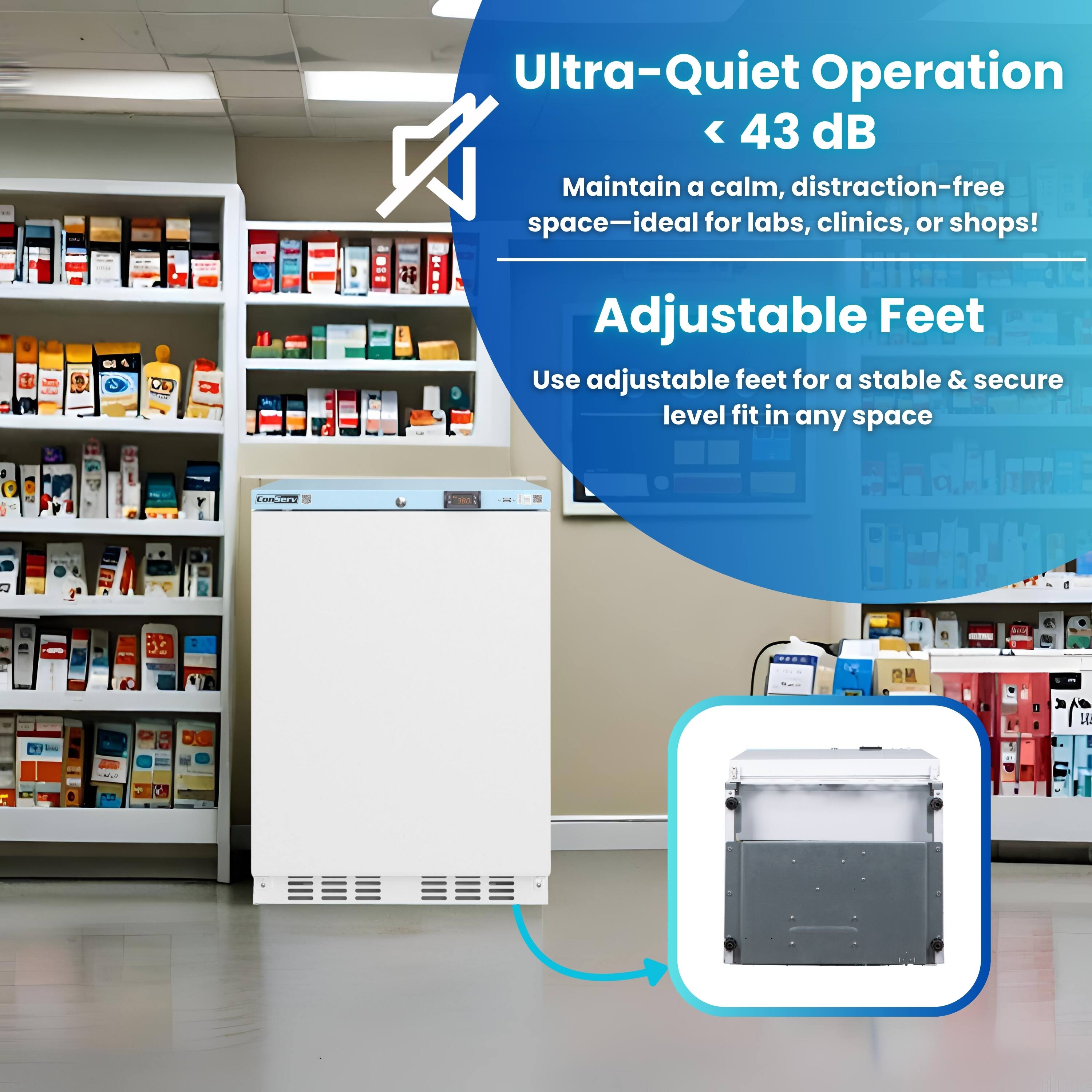 Ultra-Quiet Operation < 43 dB  
Maintain a calm, distraction-free space—ideal for labs, clinics, or shops!  

Adjustable Feet  
Use adjustable feet for a stable & secure level fit in any space
