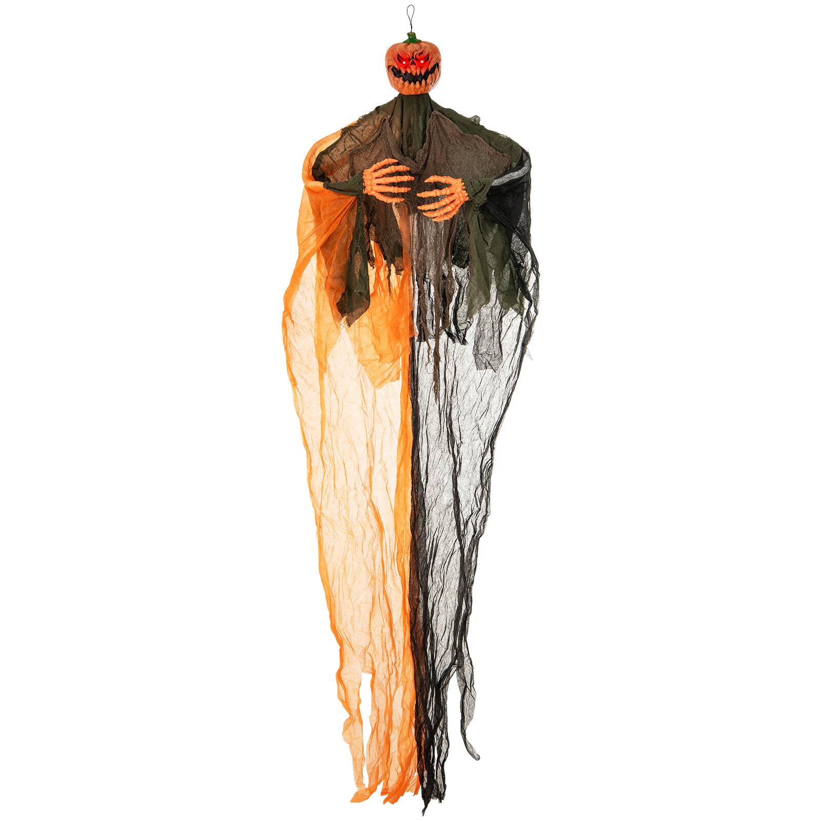 Alt View 2. WELLFOR - 6 Ft Hanging Pumpkin Ghost Halloween Decoration with Glowing Red Eyes and Bendable Arms - Black and Orange.
