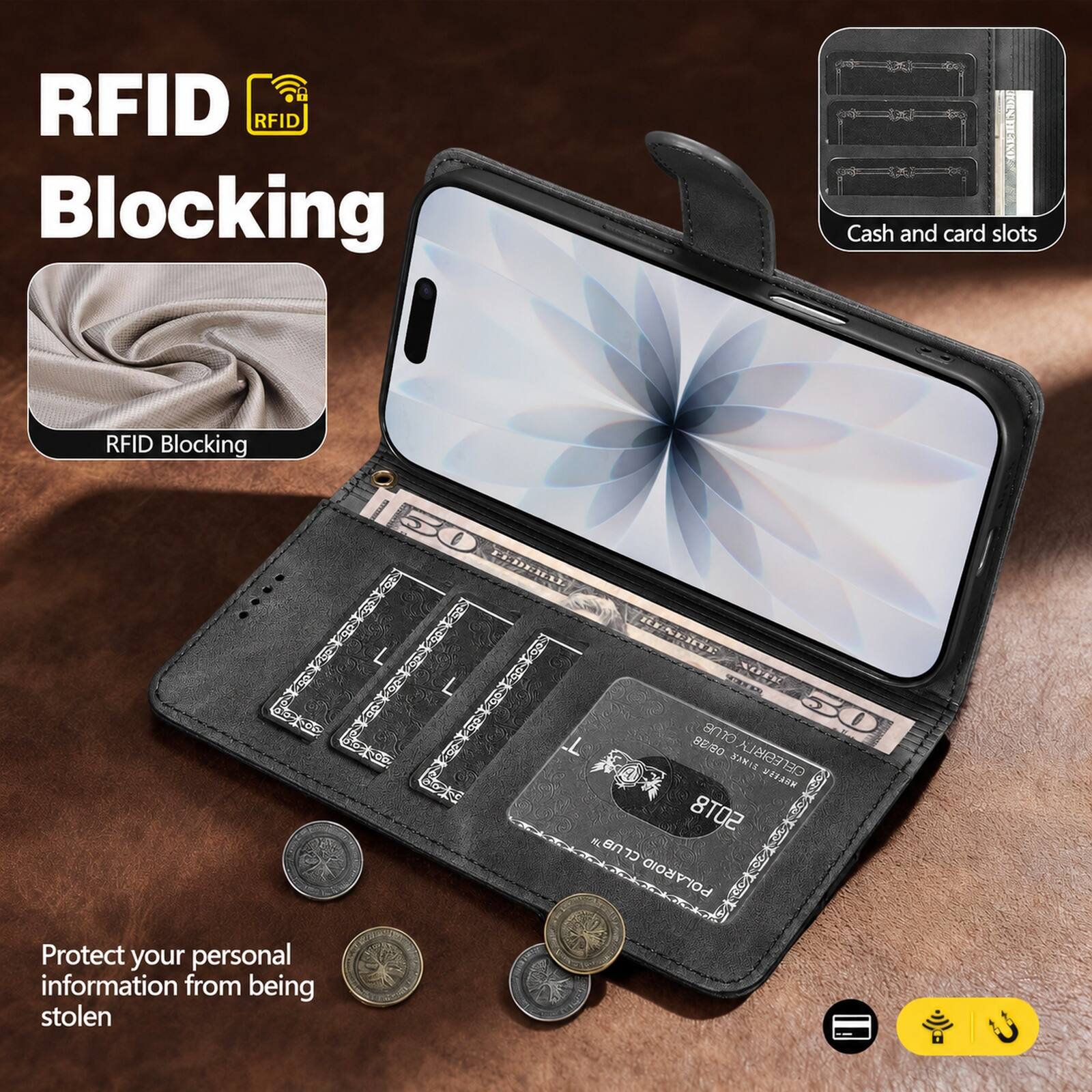 RFID Blocking

Cash and card slots

RFID Blocking

Protect your personal information from being stolen