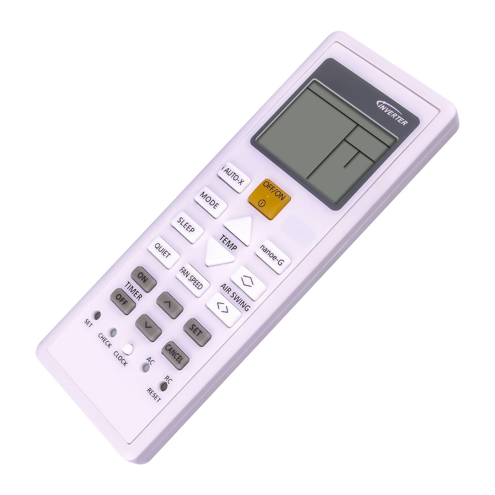 INVERTER  
AUTO-X  
MODE  
SLEEP  
QUIET  
TEMP  
nanoe-G  
FAN SPEED  
TIMER  
AIR SWING  
OFF/ON  
SET  
CHECK CLOCK  
AC  
RC  
RESET  
CANCEL