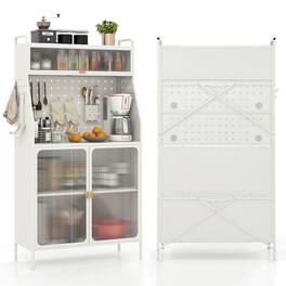 Ecooso - 5 Tier Metal Baker’s Rack Sideboard Cabinet Organizer with Flip Up Door and Pegboard Storage - White