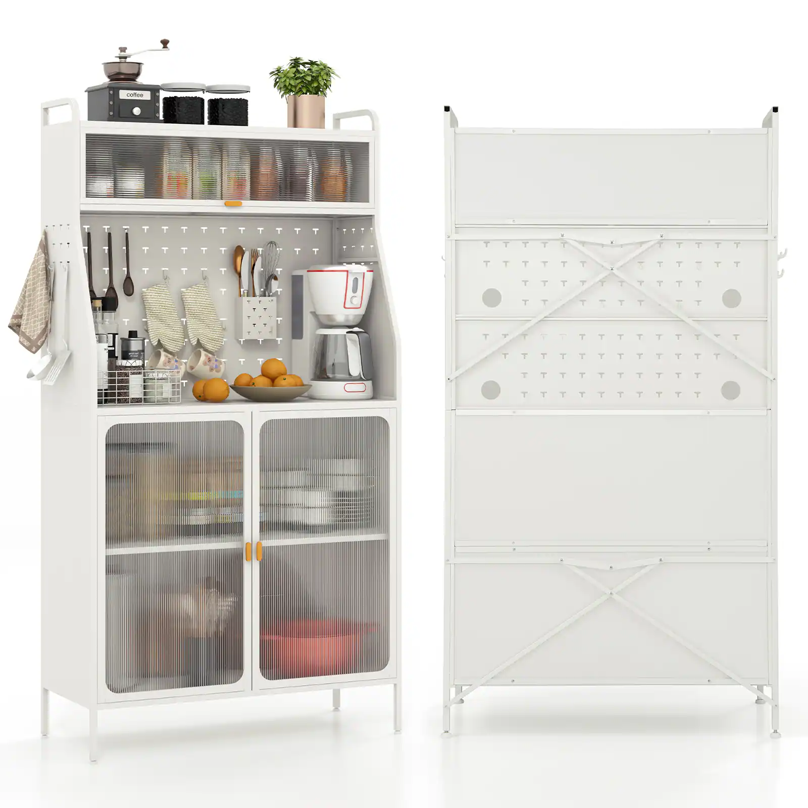 Front. Ecooso - 5 Tier Metal Baker’s Rack Sideboard Cabinet Organizer with Flip Up Door and Pegboard Storage - White.