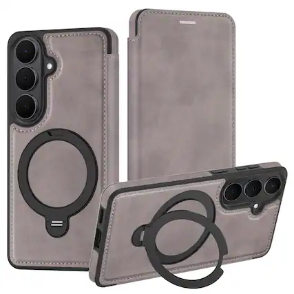 Front. Dteck - For Samsung Galaxy S26 Shockproof Leather RFID Blocking Card Slots Full Protection Mag Safe Case RIng Kickstand - Gray.