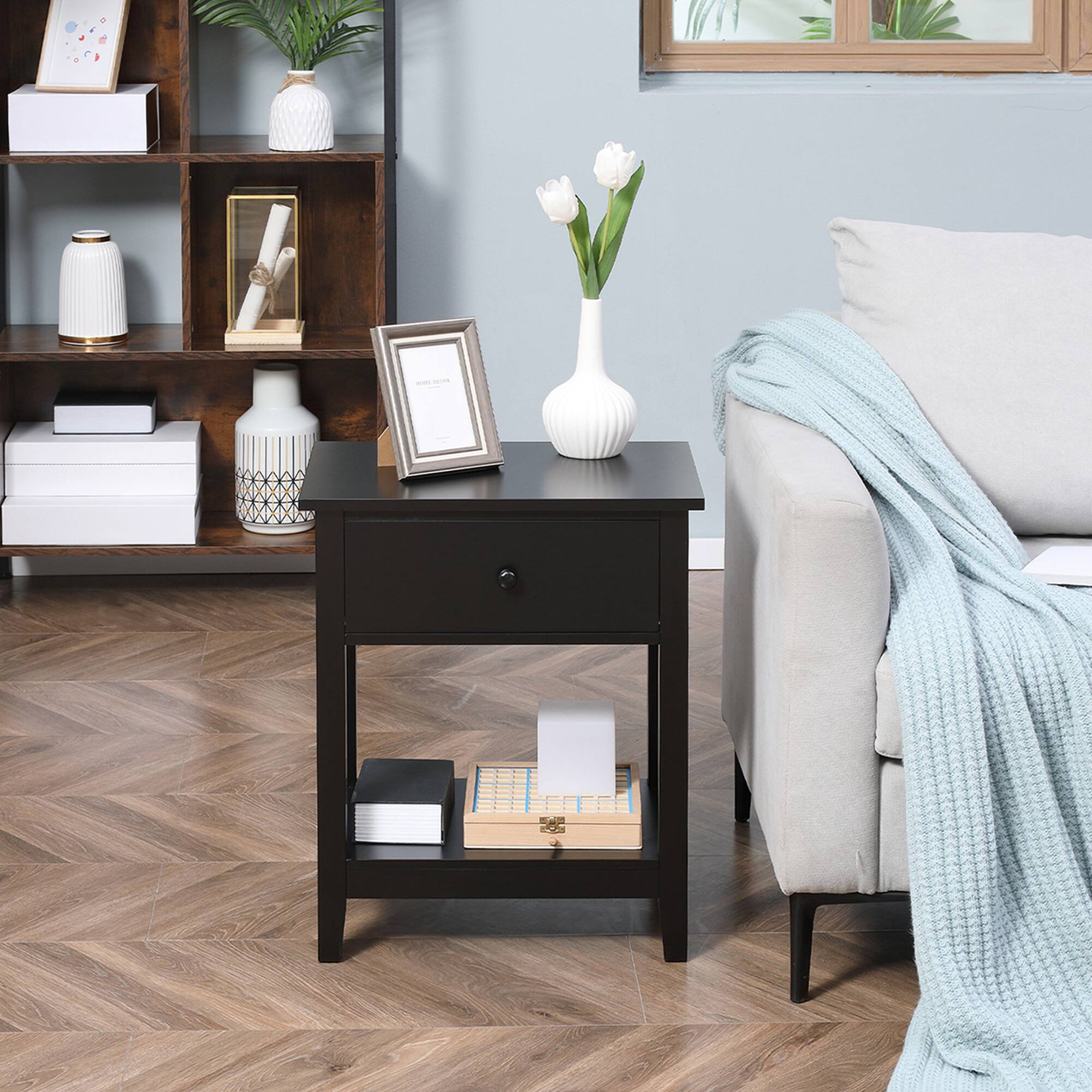 Alt View 4. Homcom - 2-Tier End Table w/ Drawer & Storage Shelf, Modern Sofa Side Table for Living Room - Black.