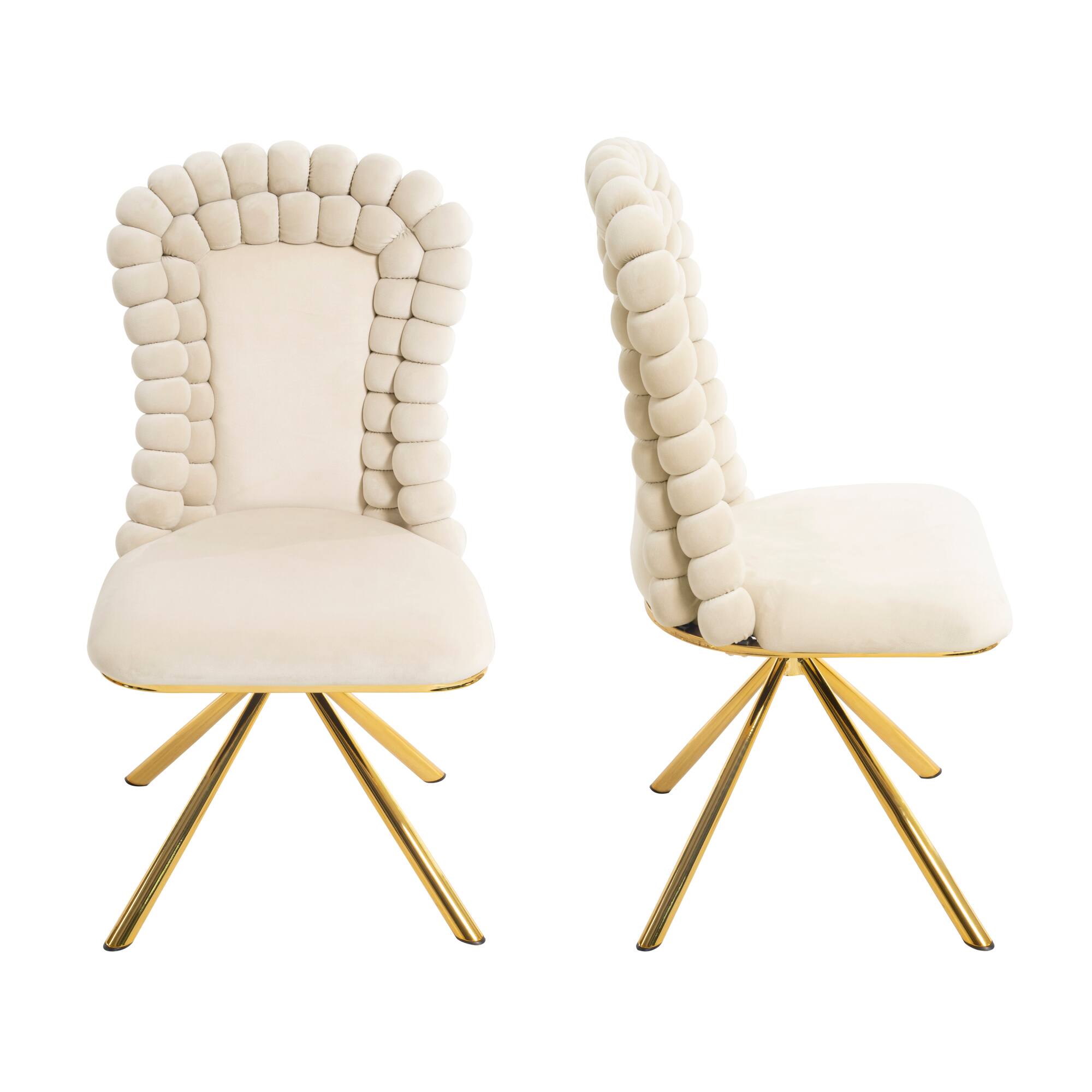 Alt View 1. GOODSILO - Set of 2 Velvet Upholstered Dining Chairs with Gold Metal Legs and 360-Degree Swivel Feature - Beige.