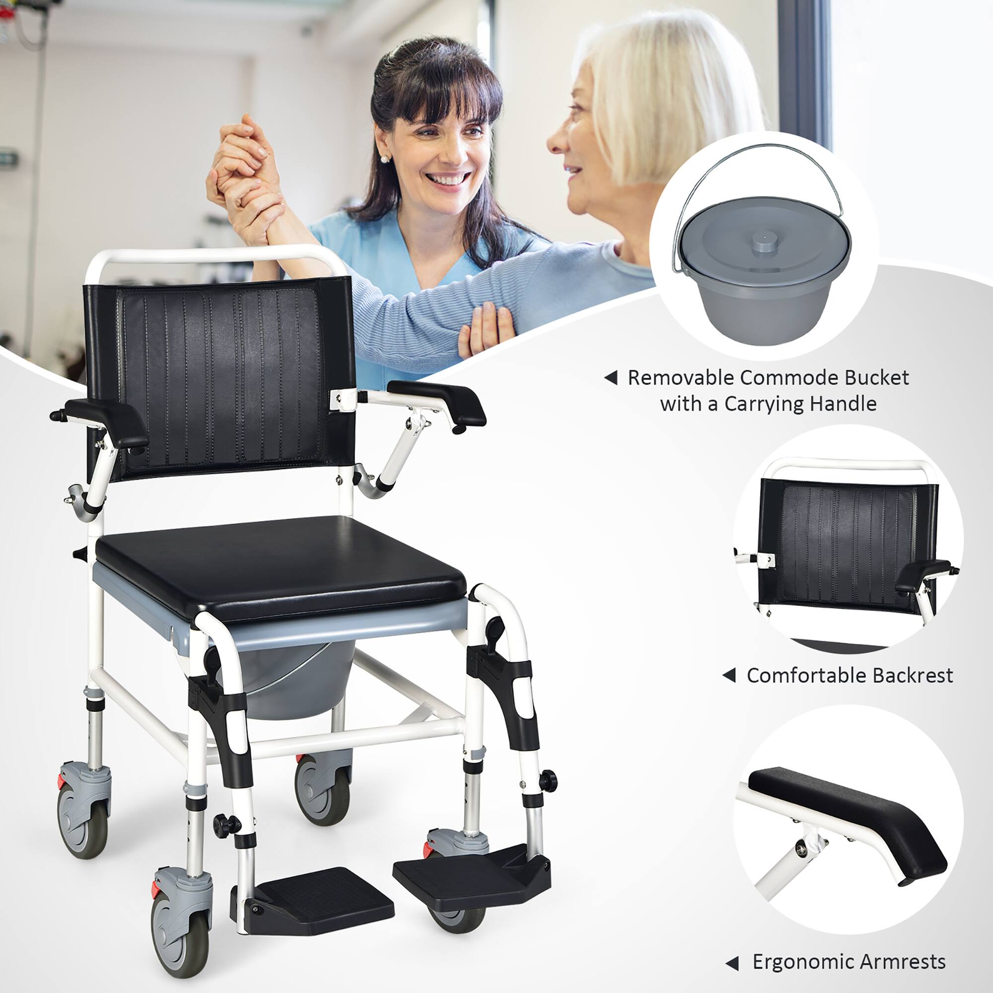- Removable Commode Bucket with a Carrying Handle
- Comfortable Backrest
- Ergonomic Armrests
