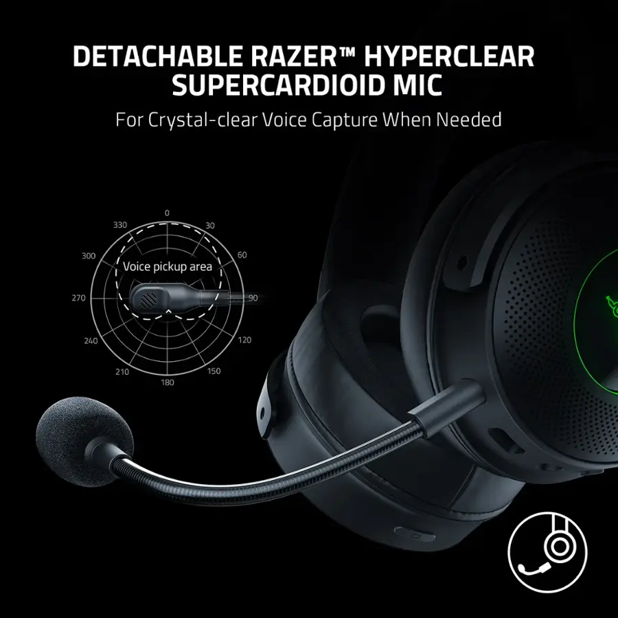 DETACHABLE RAZER HYPERCLEAR SUPERCARDIOID MIC For Crystal-clear Voice Capture When Needed.