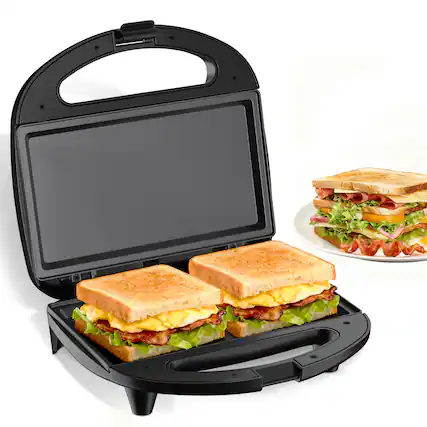 Front. OSTBA - 750W Sandwich Maker, Grilled Cheese Maker with Non-stick Flat Plates, Indicator Lights, Cool Touch Handle - Black.