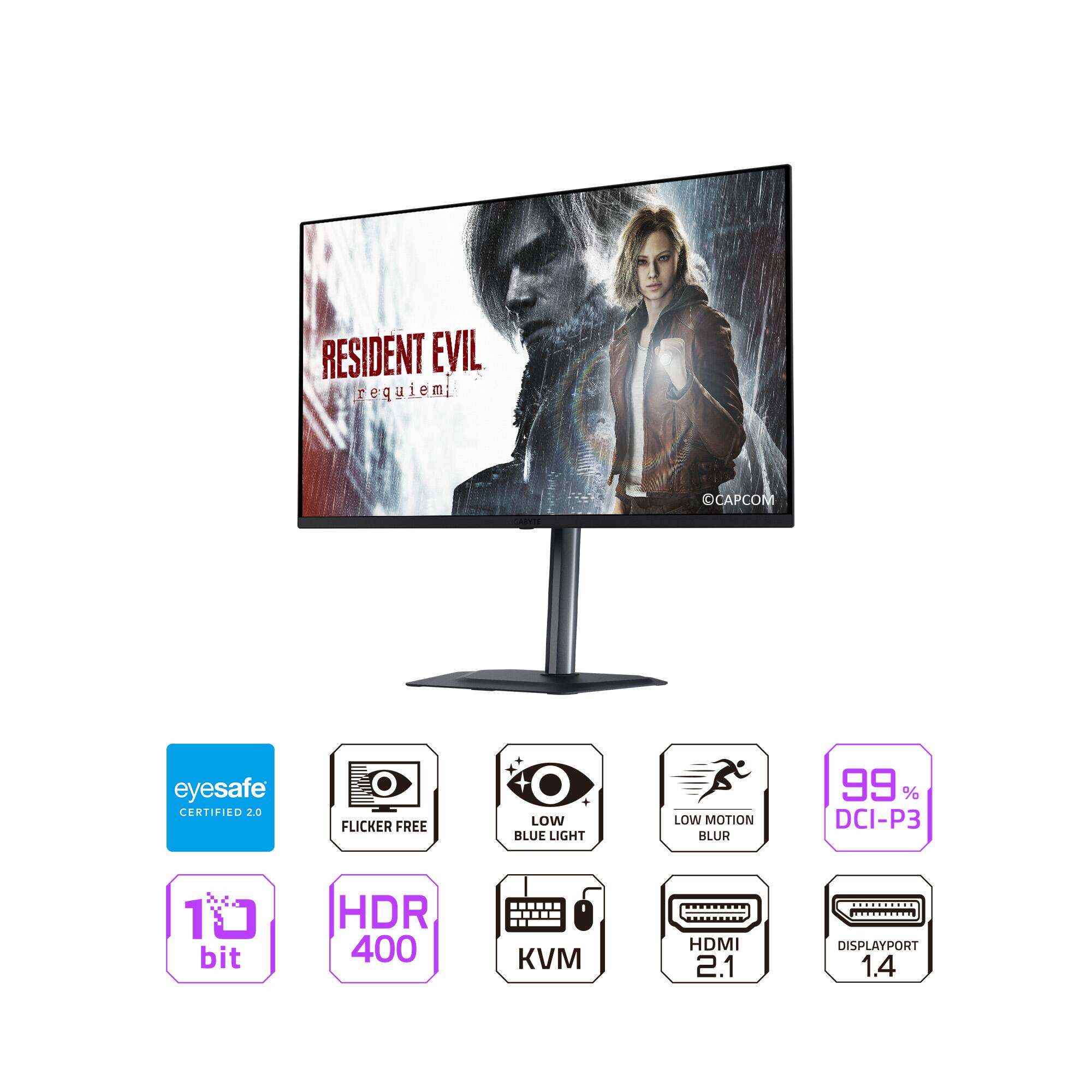 RESIDENT EVIL requiem  
CAPCOM  
eyesafe CERTIFIED 2.0  
FLICKER FREE  
LOW BLUE LIGHT  
LOW MOTION BLUR  
99% DCI-P3  
10 bit  
HDR 400  
KVM  
HDMI 2.1  
DISPLAYPORT 1.4