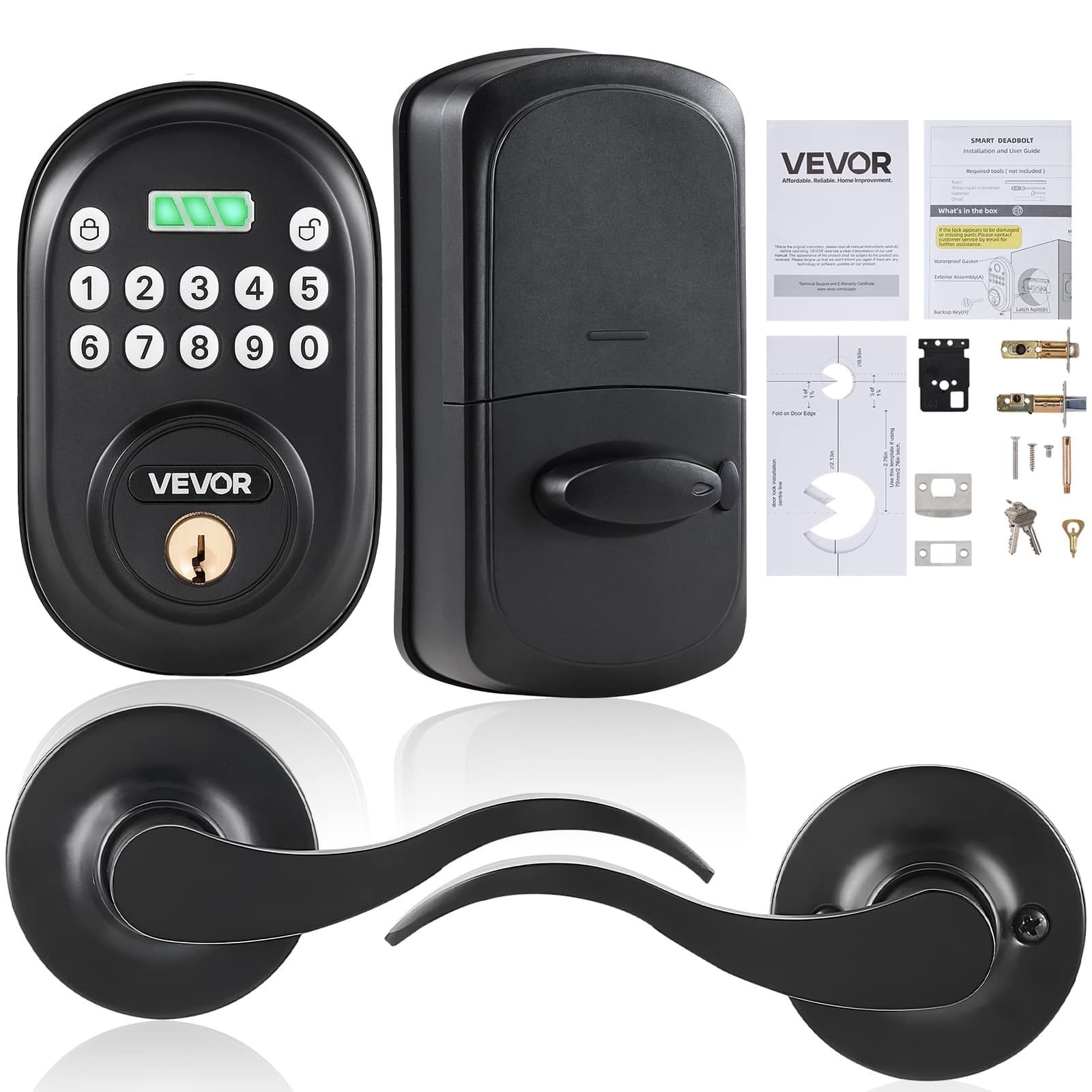 VEVOR - Keyless Entry Door Lock with Handle, Electronic Keypad Lever, Password and Key Unlock Options, Auto-Locking System - Black
