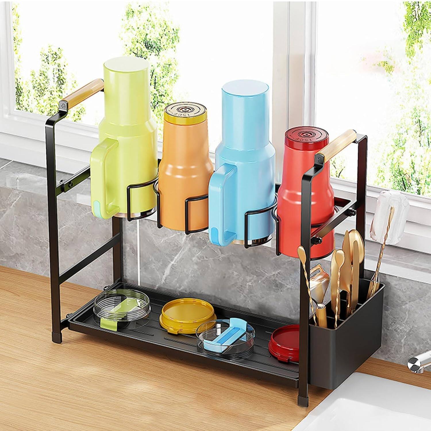 Front. GARVEE - Water Bottle Organizer, Double Layer Cup Holder, Carbon Steel Storage Rack with Tray for Small Kitchens and Countertops - Black.