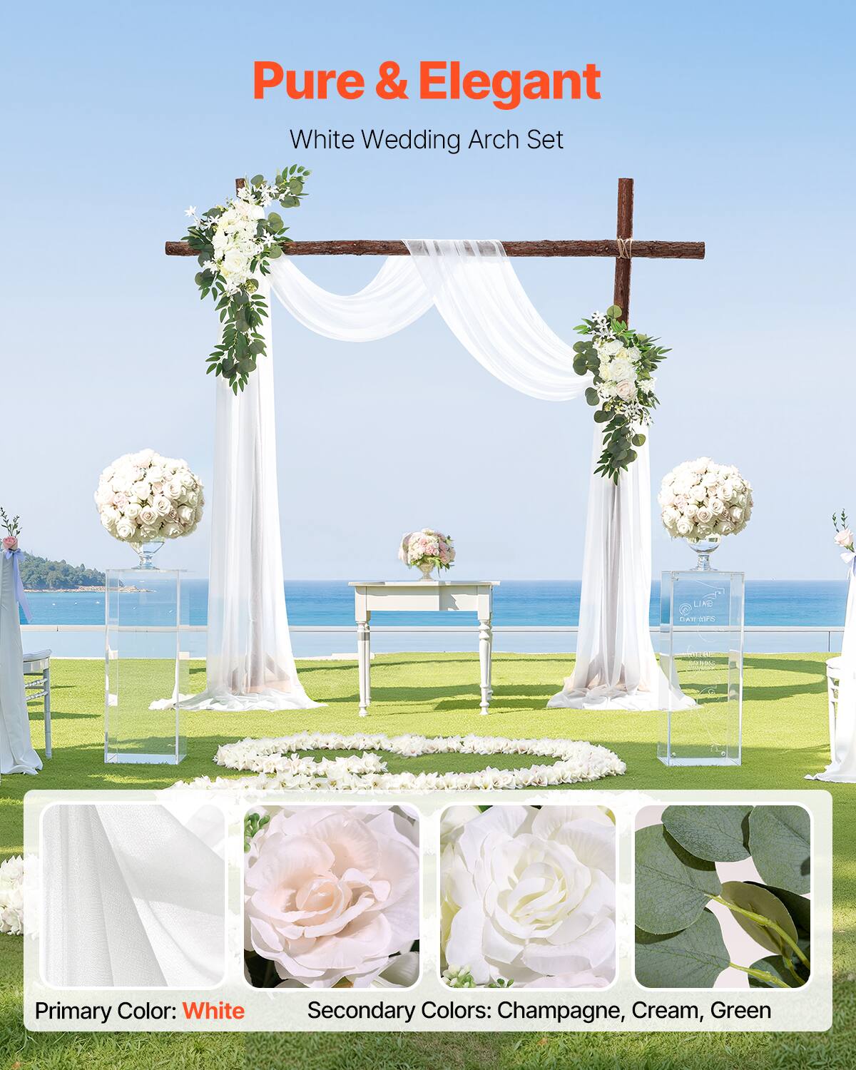 Pure & Elegant  
White Wedding Arch Set  

Primary Color: White  
Secondary Colors: Champagne, Cream, Green