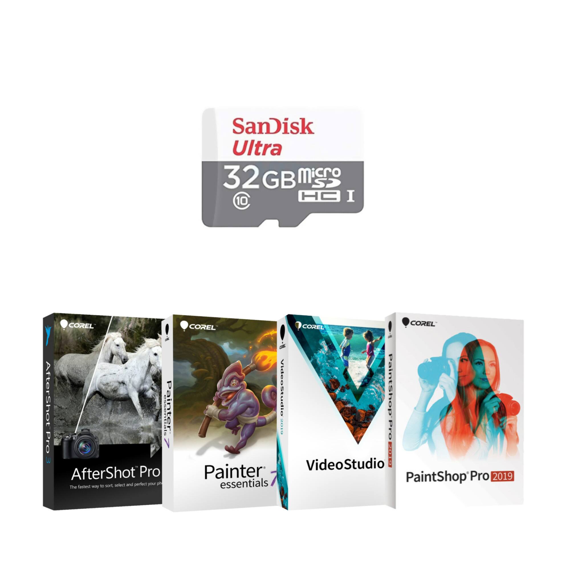 SanDisk Ultra 32GB MicroSDHC I 10

COREL AfterShot Pro
COREL Painter Essentials 7
COREL VideoStudio
COREL PaintShop Pro 2019