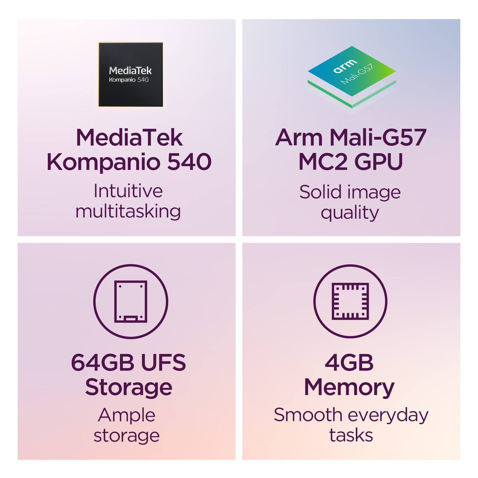 MediaTek Kompanio 540  
Intuitive multitasking  

Arm Mali-G57 MC2 GPU  
Solid image quality  

64GB UFS Storage  
Ample storage  

4GB Memory  
Smooth everyday tasks