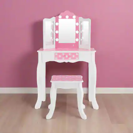 Front. Teamson Kids - Fantasy Fields Gisele Polka Dot Kids Vanity Table & Stool with LED, White & Pink.