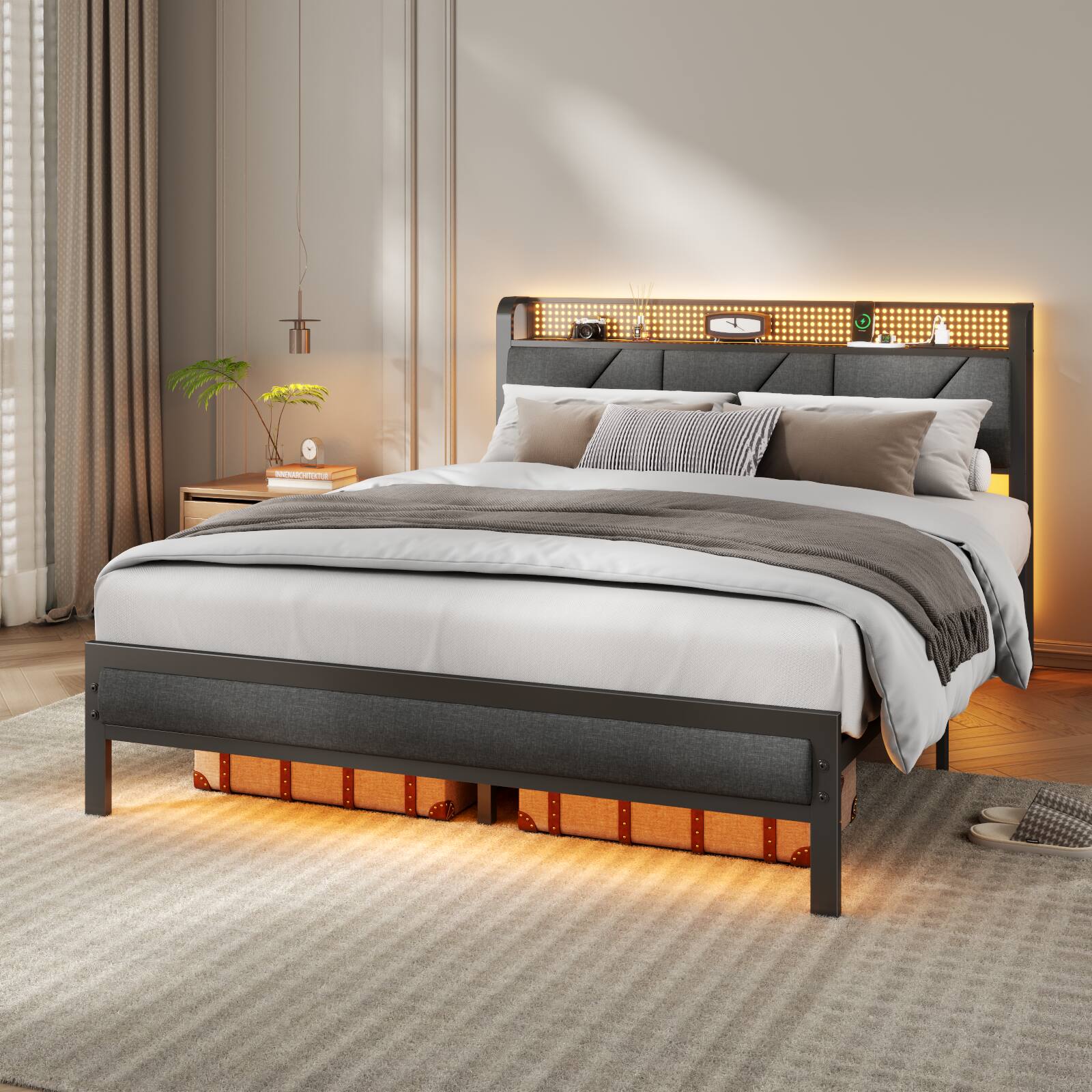 Angle. Furnulem - Queen Upholstered Bed Frame with LED Lights, Headboard with Charging Station - Brown.