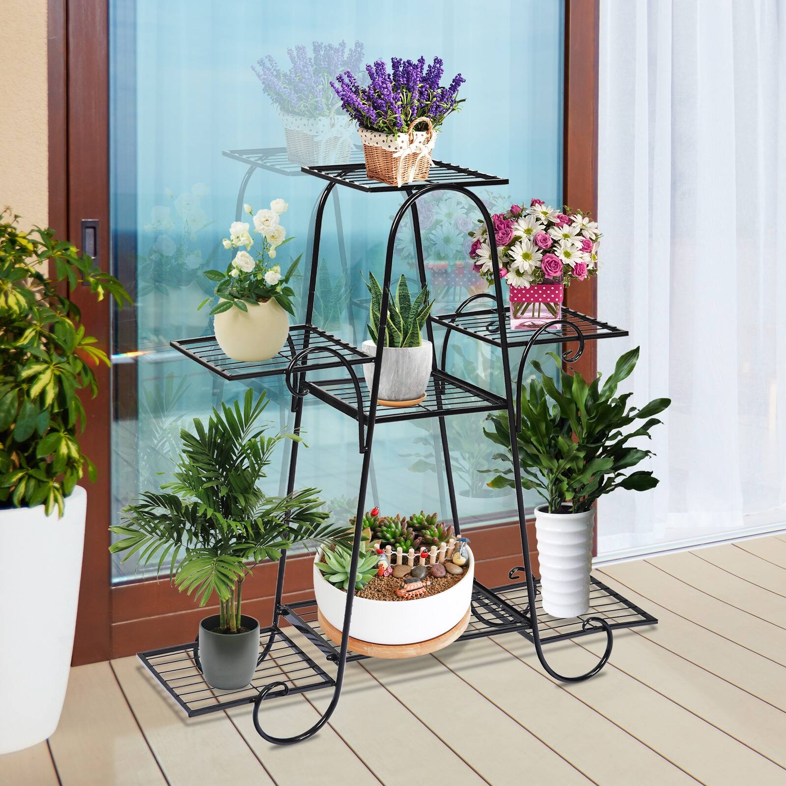 Left. SlickBlue - 7-Tier Metal Garden Plant Stand for Flower Pots, Herbs, and Decorative Plants - Black.