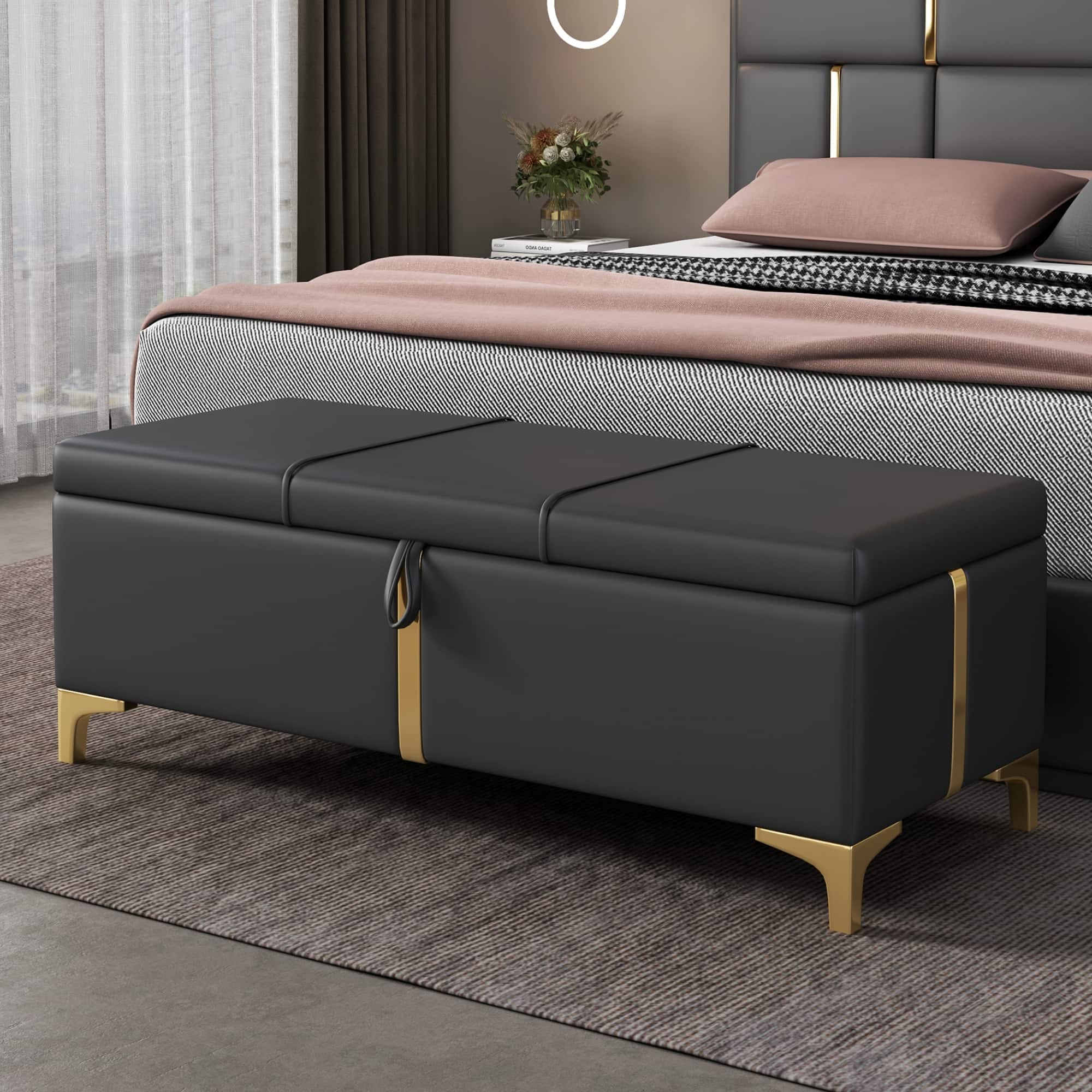 GOODSILO - Elegant Upholstered Storage Ottoman Bench with Metal Legs - Black