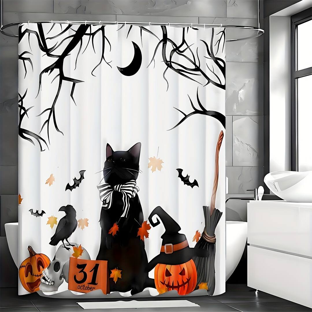 Alt View 2. blue - Spooky Halloween Shower Curtain Set - Vibrant Printed Design,12 Hooks - 1Pcs, Pumpkin Lantern, Black Cat - black and white200.