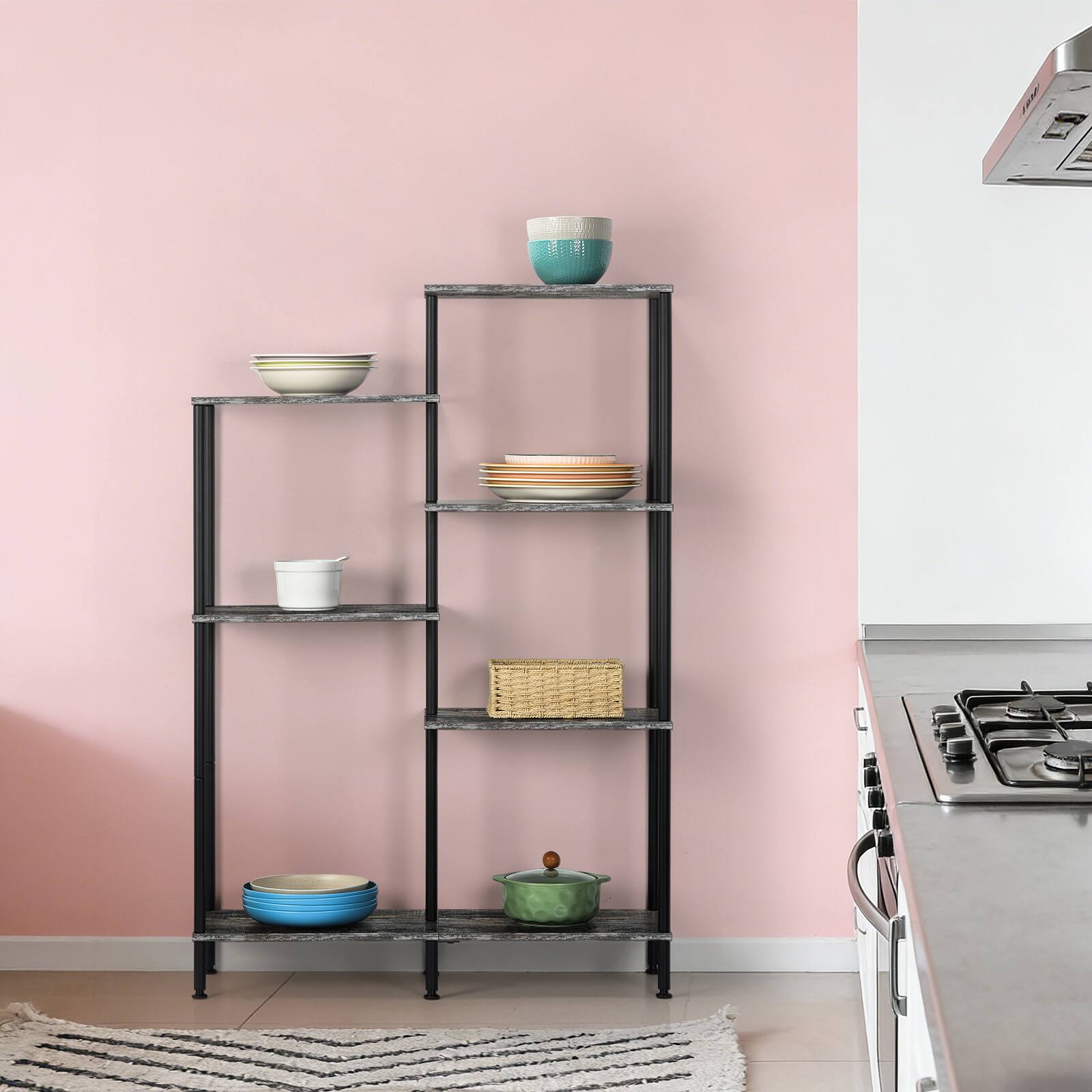 Front. Oumilen - 6-Tier Industrial Bookcase with Black Metal Frame - Gray.