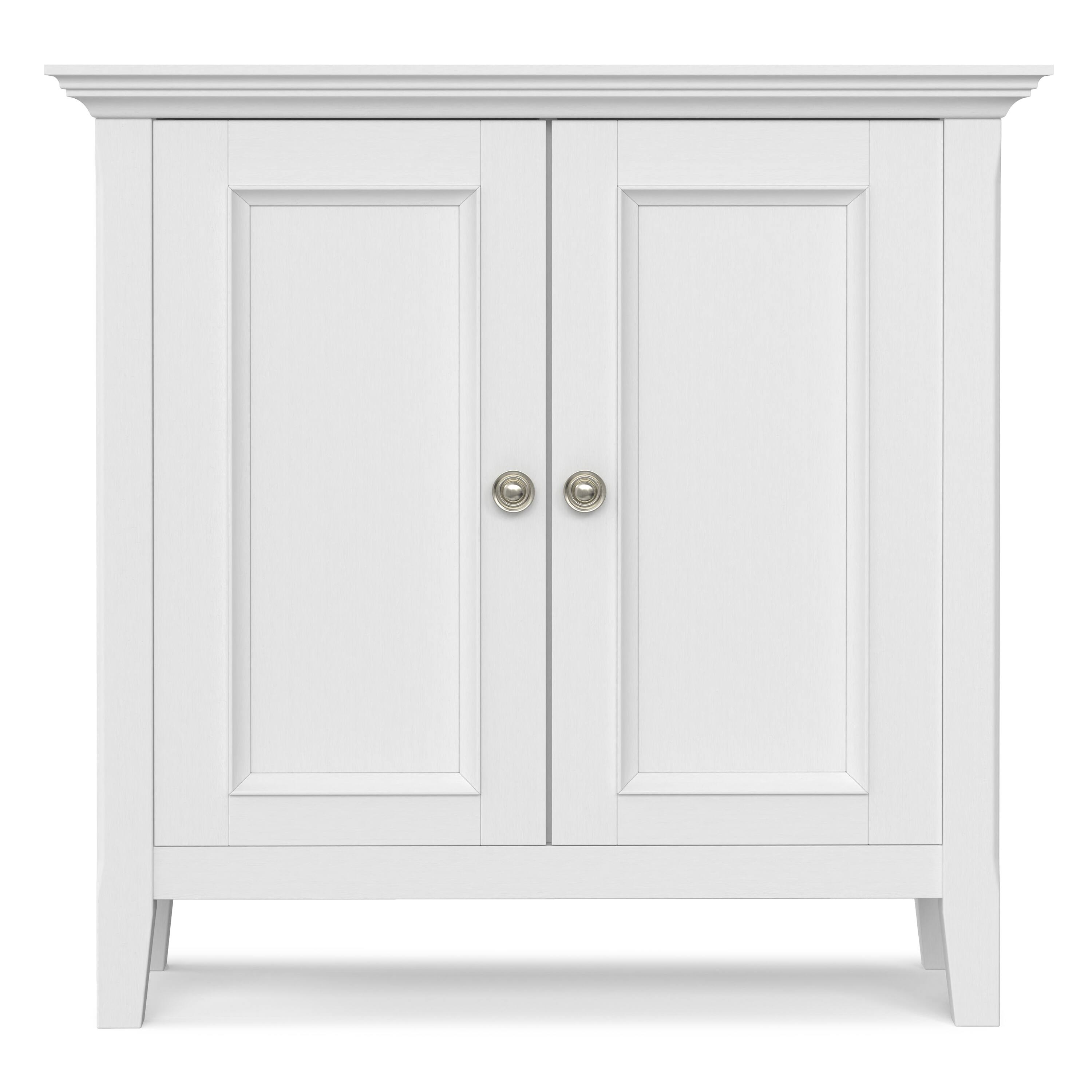 Left. Simpli Home - Amherst 32 inch Wide Solid Wood Transitional Low Storage Cabinet in White - White.
