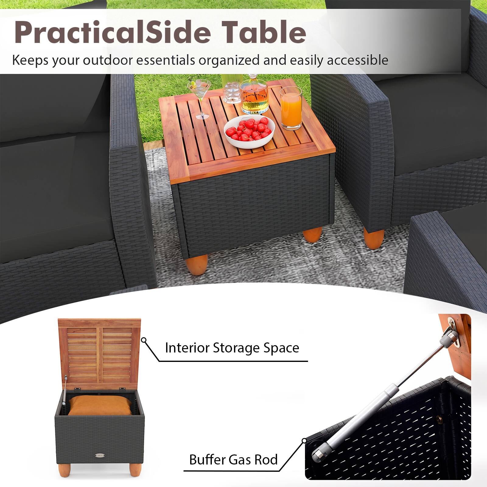 Practical Side Table  
Keeps your outdoor essentials organized and easily accessible  

Interior Storage Space  
Buffer Gas Rod