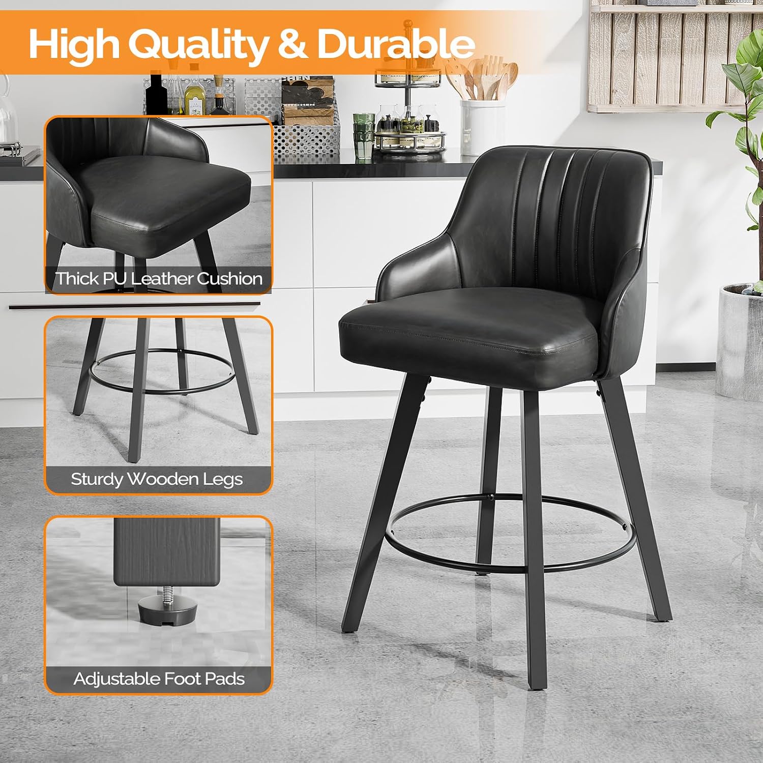 High Quality & Durable

- Thick PU Leather Cushion
- Sturdy Wooden Legs
- Adjustable Foot Pads