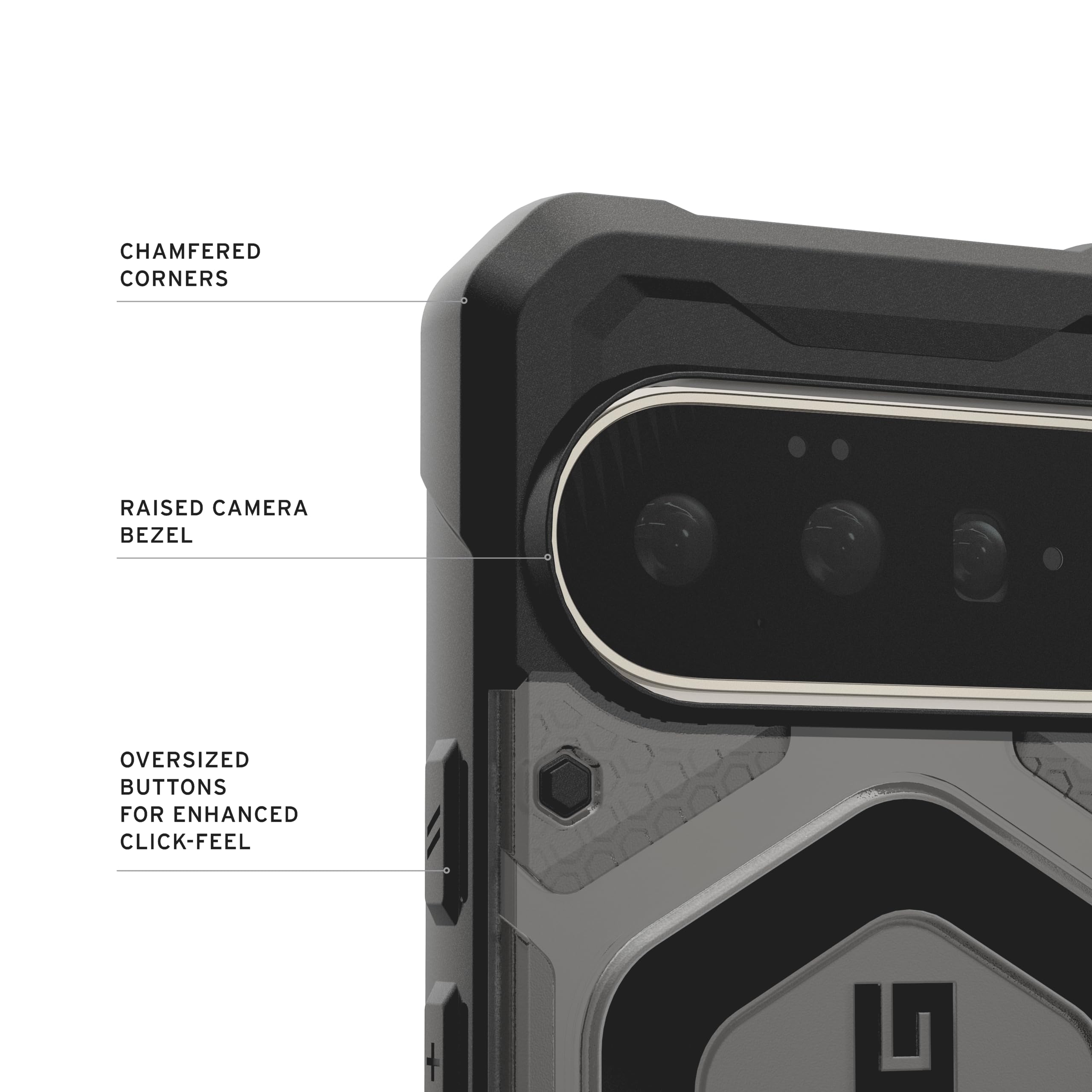 CHAMFERED CORNERS  
RAISED CAMERA BEZEL  
OVERSIZED BUTTONS FOR ENHANCED CLICK-FEEL