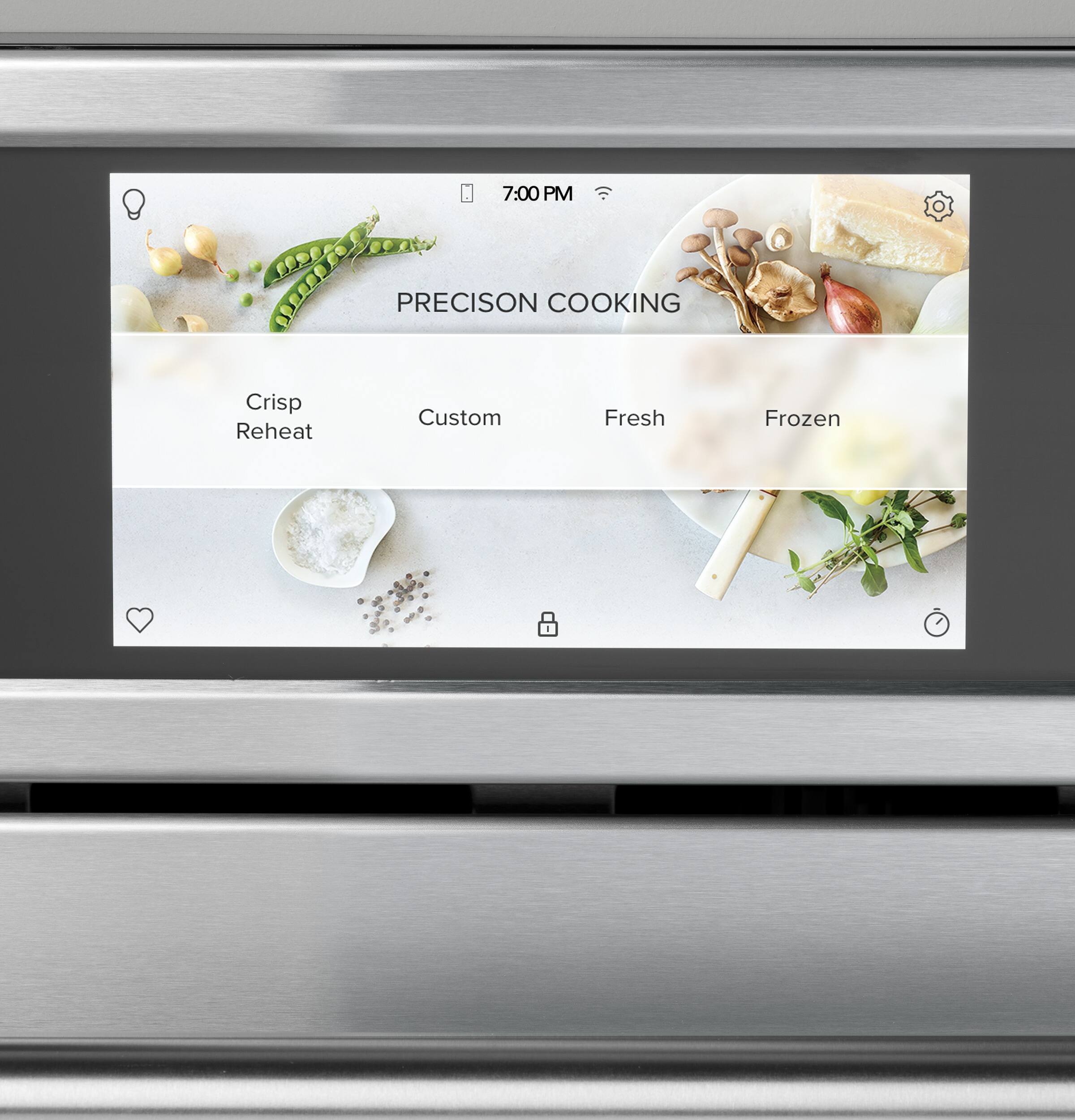 The image shows a digital display on a microwave oven, indicating that it is set to Precision Cooking mode. The options available are Crisp, Reheat, Custom, Fresh, and Frozen. The display is set to 7:00 PM, suggesting that the user has set the timer for a specific cooking time.
