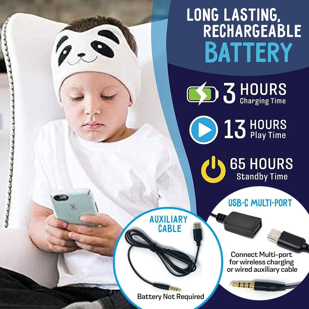 LONG LASTING, RECHARGEABLE BATTERY  
- 3 HOURS Charging Time  
- 13 HOURS Play Time  
- 65 HOURS Standby Time  

USB-C MULTI-PORT  
Connect Multi-port for wireless charging or wired auxiliary cable  

AUXILIARY CABLE  
Battery Not Required