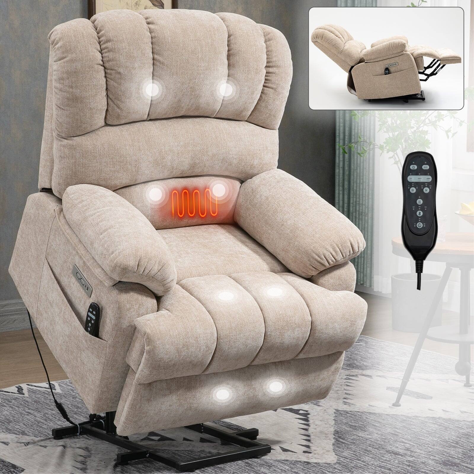 Alt View 1. Boyel Living - Beige Large Size Chenille Power Lift Recliner Chair with 8 Point Vibration Massage and Lumbar Heating - Beige.