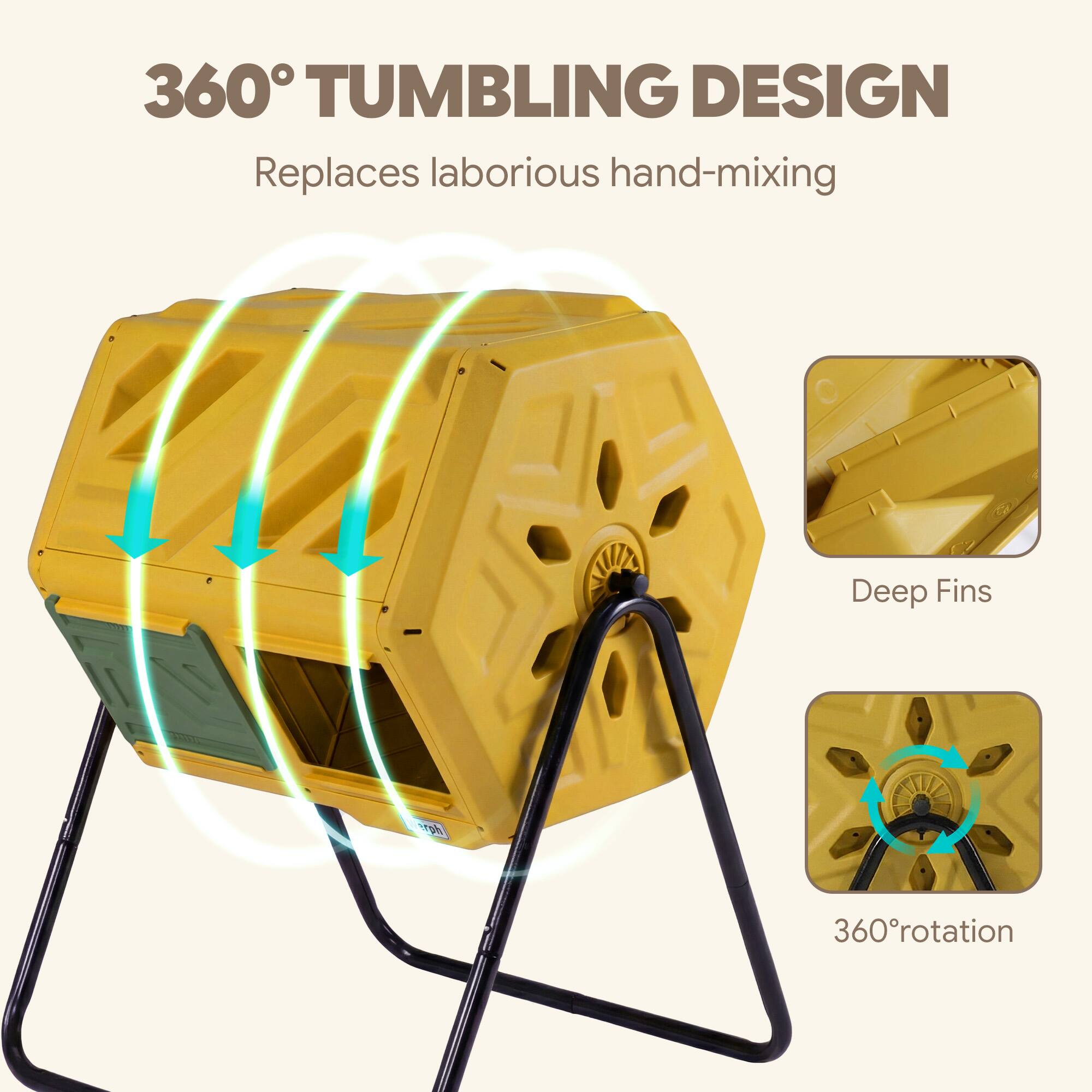 360° TUMBLING DESIGN  
Replaces laborious hand-mixing  

Deep Fins  
360° rotation