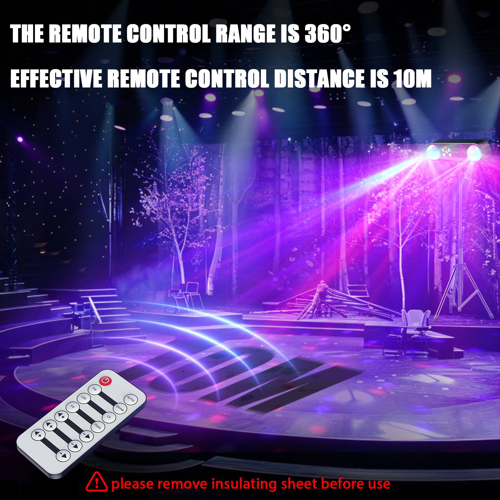 THE REMOTE CONTROL RANGE IS 360°  
EFFECTIVE REMOTE CONTROL DISTANCE IS 10M  

please remove insulating sheet before use