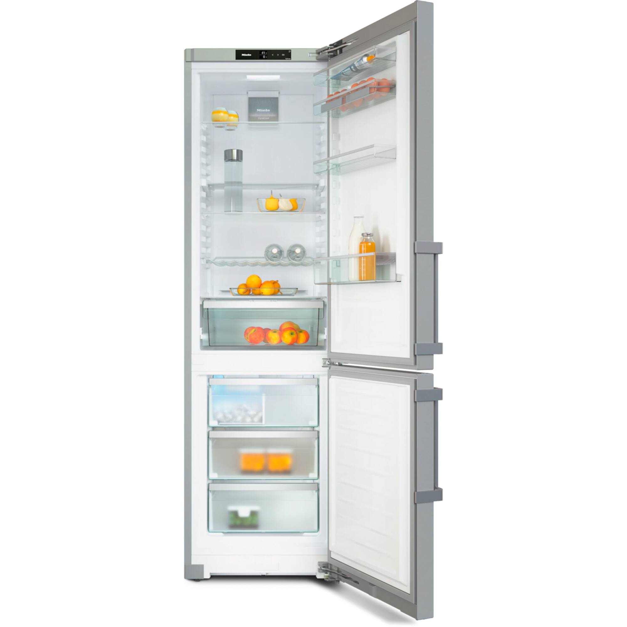 Angle. Miele - KFN 4799 DDE   PerfectCool Freestanding Refrigerator with Bottom-Freezer - Stainless.