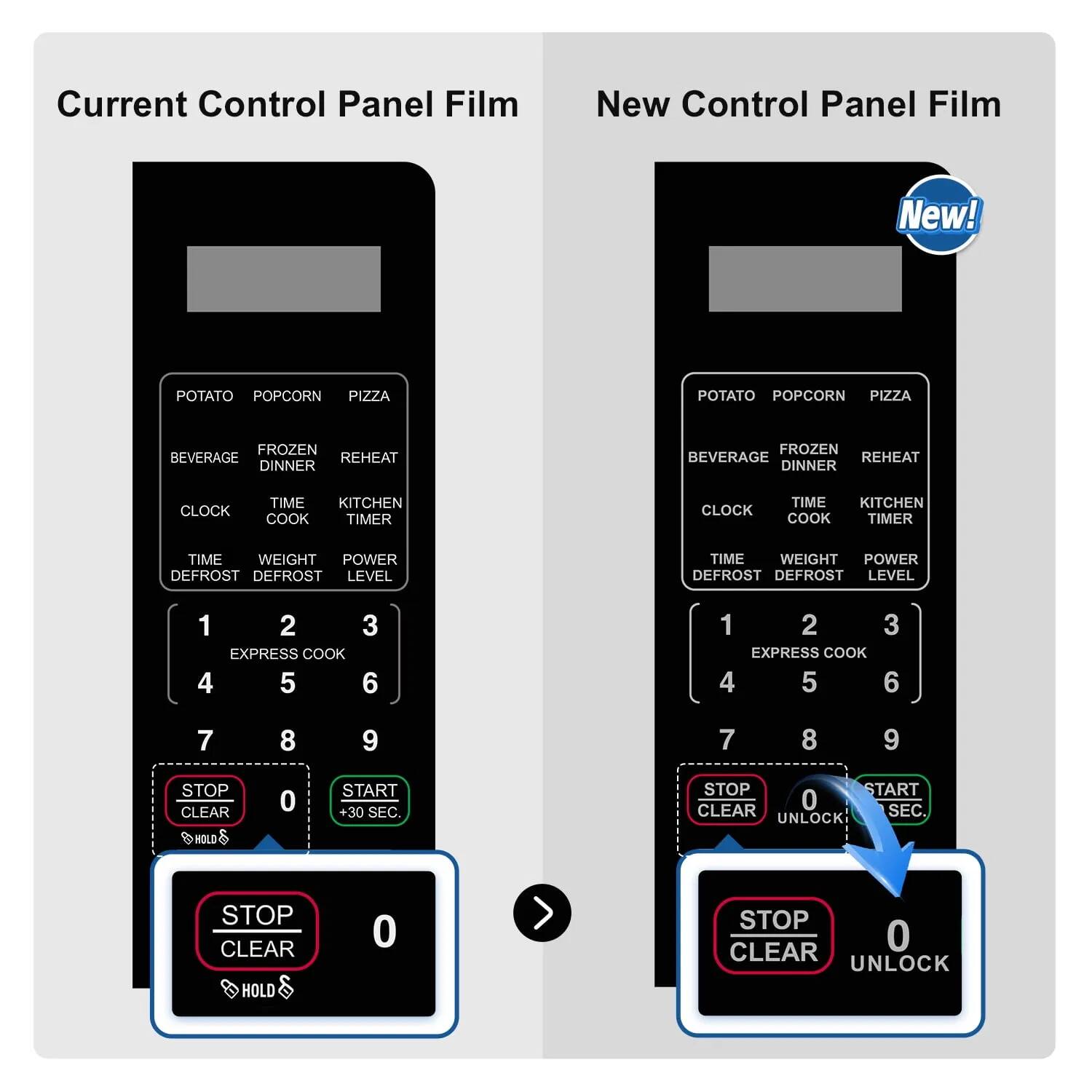 Current Control Panel Film  
New Control Panel Film New!  

POTATO POPCORN PIZZA  
BEVERAGE FROZEN REHEAT  
CLOCK TIME KITCHEN  
TIME WEIGHT POWER  
DEFROST DEFROST LEVEL  

1 2 3  
4 5 6  
7 8 9  

STOP CLEAR HOLD 0  
START +:30 SEC.  

STOP CLEAR 0  
UNLOCK  

POTATO POPCORN PIZZA  
BEVERAGE FROZEN REHEAT  
CLOCK TIME KITCHEN  
TIME WEIGHT POWER  
DEFROST DEFROST LEVEL  

1 2 3  
4 5 6  
7 8 9  

STOP CLEAR 0  
UNLOCK
