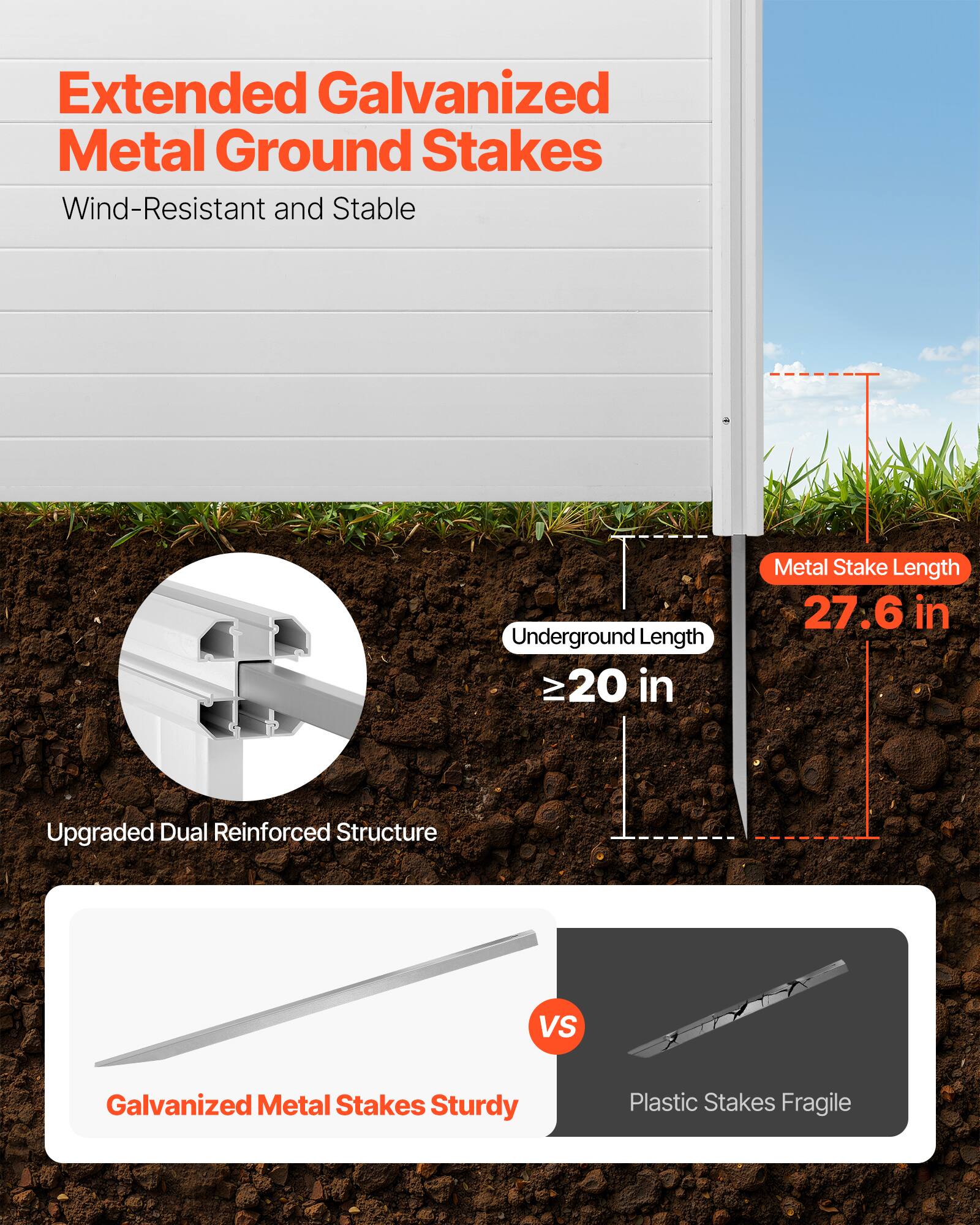 Extended Galvanized Metal Ground Stakes  
Wind-Resistant and Stable  

Underground Length: ≥20 in  
Metal Stake Length: 27.6 in  

Upgraded Dual Reinforced Structure  
Galvanized Metal Stakes Sturdy  
VS  
Plastic Stakes Fragile