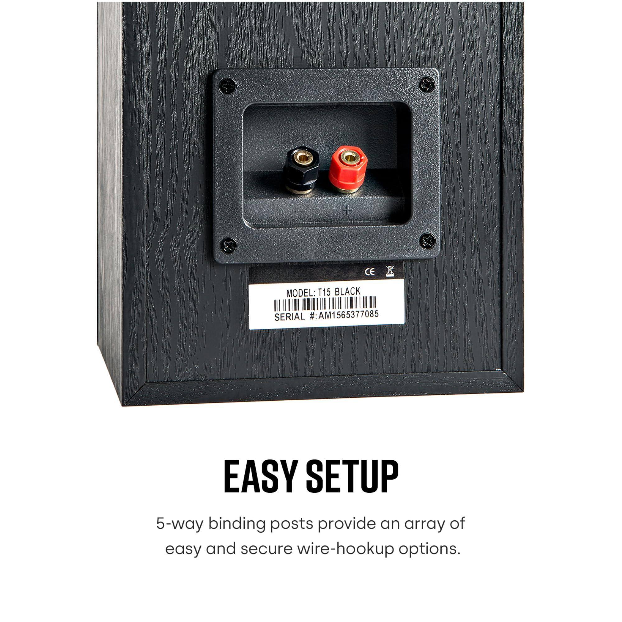 CE MODEL T15 BLACK  
SERIAL # AM1565377085  

EASY SETUP  
5-way binding posts provide an array of easy and secure wire-hookup options.