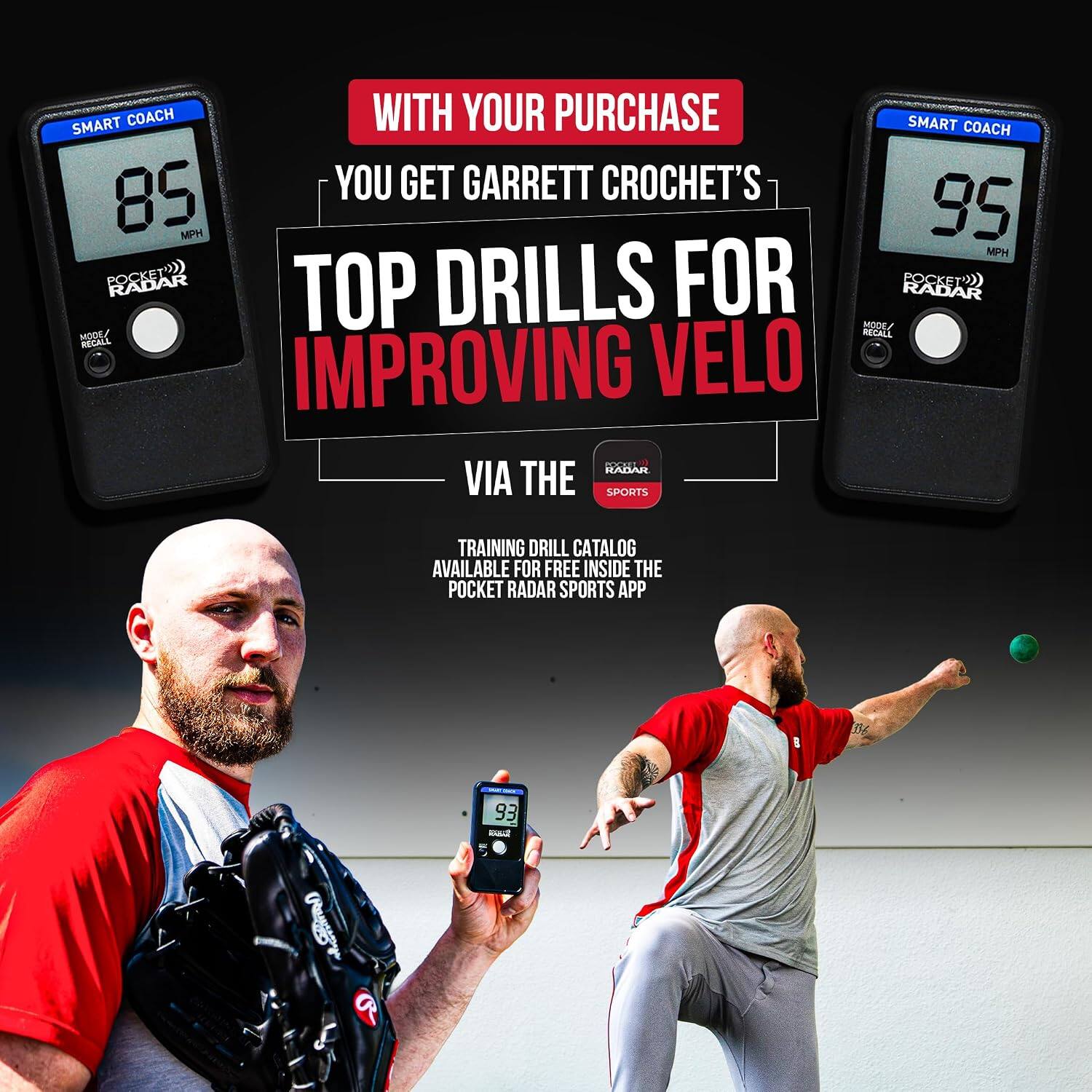 SMART COACH WITH YOUR PURCHASE SMART COACH 85 YOU GET GARRETT CROCHET'S TOP DRILLS FOR IMPROVING VELO 95 MPH POCKET RADAR MODE/ RECALL IMPROVING VELO ROCKET RADAR VIA THE SPORTS TRAINING DRILL CATALOG AVAILABLE FOR FREE INSIDE THE POCKET RADAR SPORTS APP
