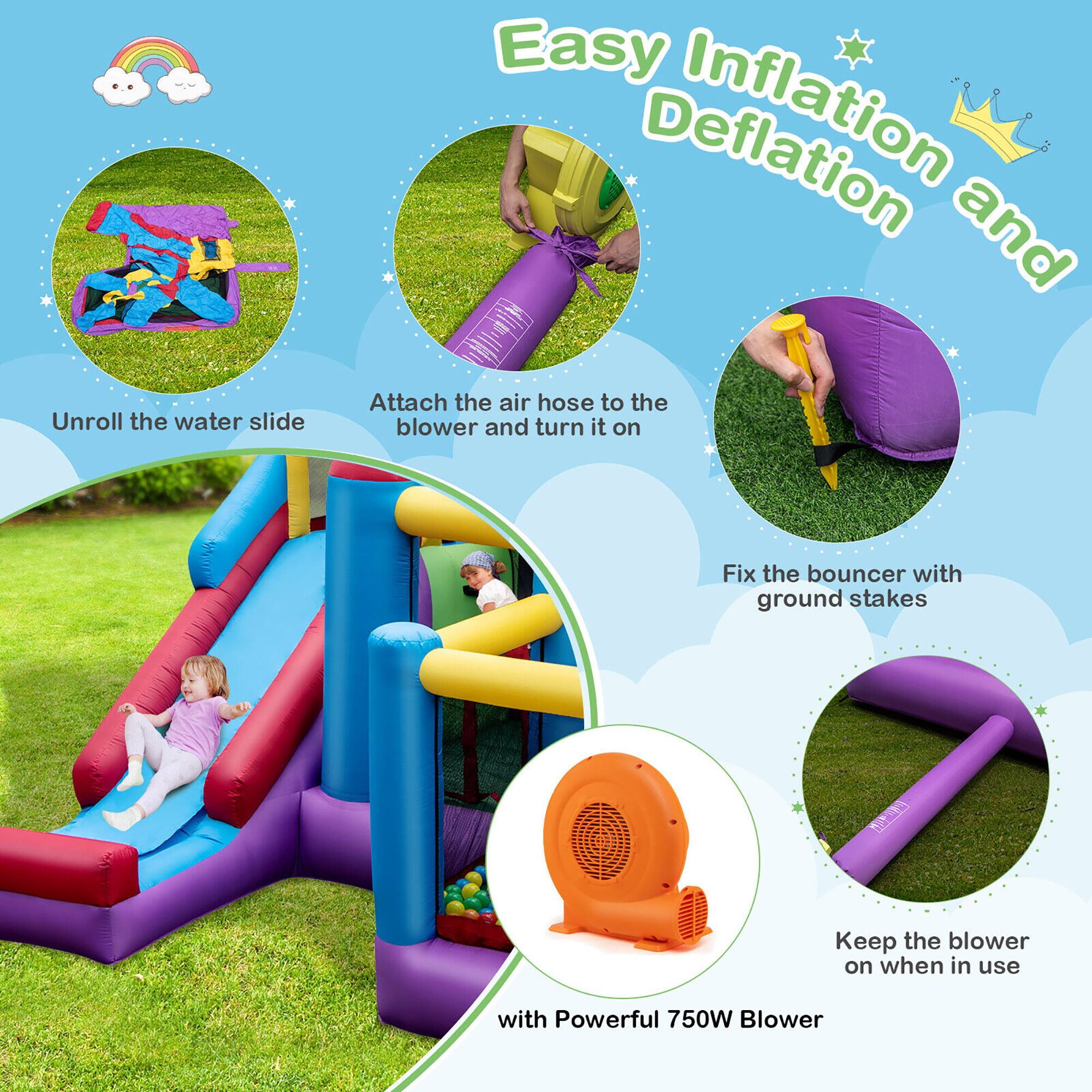 Easy Inflation and Deflation

1. Unroll the water slide
2. Attach the air hose to the blower and turn it on
3. Fix the bouncer with ground stakes
4. Keep the blower on when in use

Powerful 750W Blower