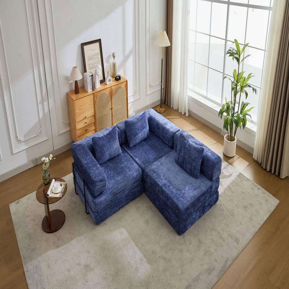 Alt View 8. Kadyn - Compression Sectional Sofa, Convertible Floor Bed with Fixed Frame, Boneless Chenille, Dark Blue - Blue.