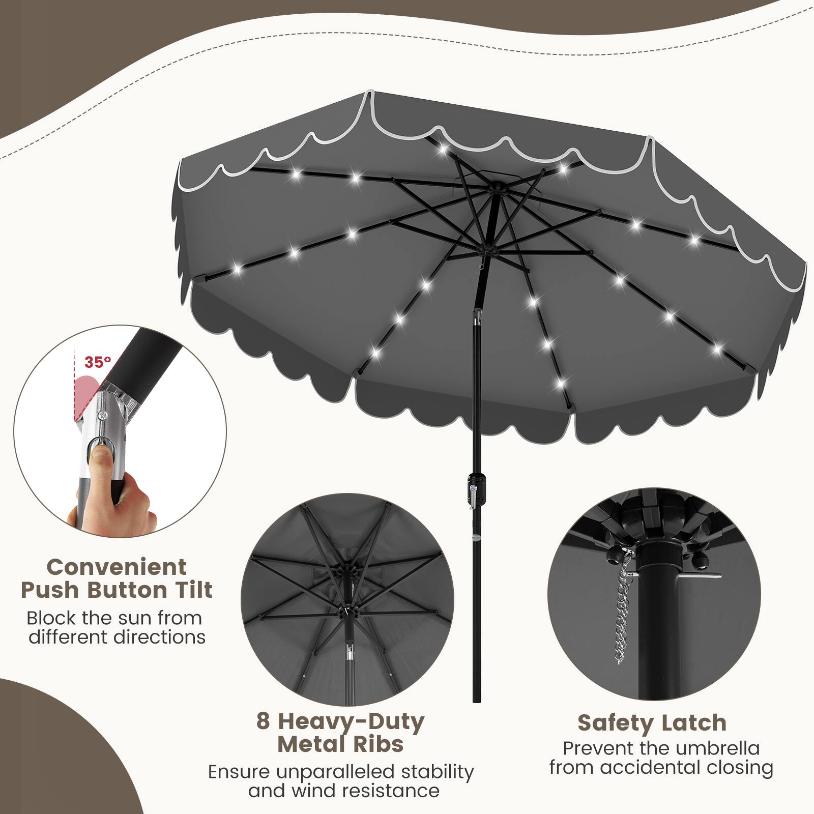 Convenient Push Button Tilt
8 Heavy-Duty Metal Ribs
Safety Latch