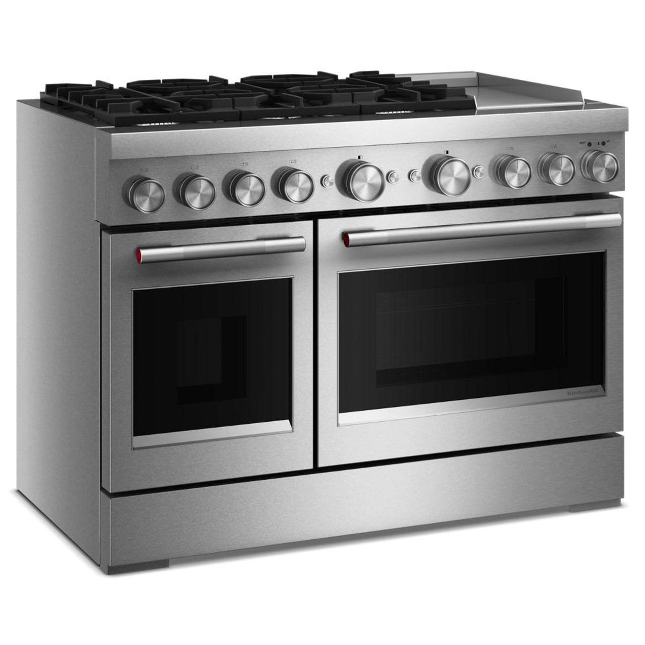 Angle. KitchenAid - 48 inch Wide 6 burner 6.3 cu. ft. Freestanding Dual Fuel Range with Griddle and 6 Burners - Stainless Steel.