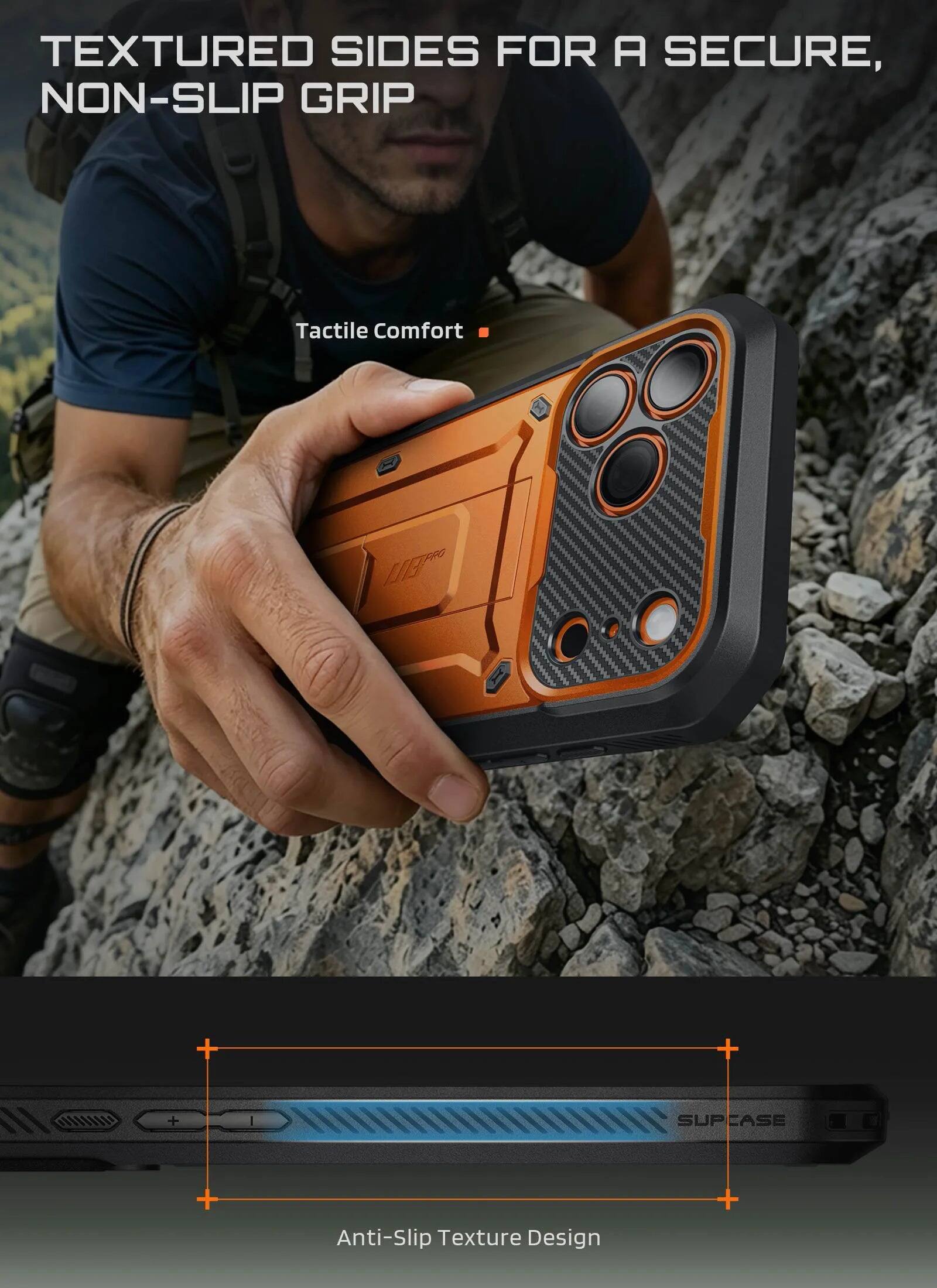 TEXTURED SIDES FOR A SECURE, NON-SLIP GRIP

Tactile Comfort

MEILI

SUPCASE

Anti-Slip Texture Design