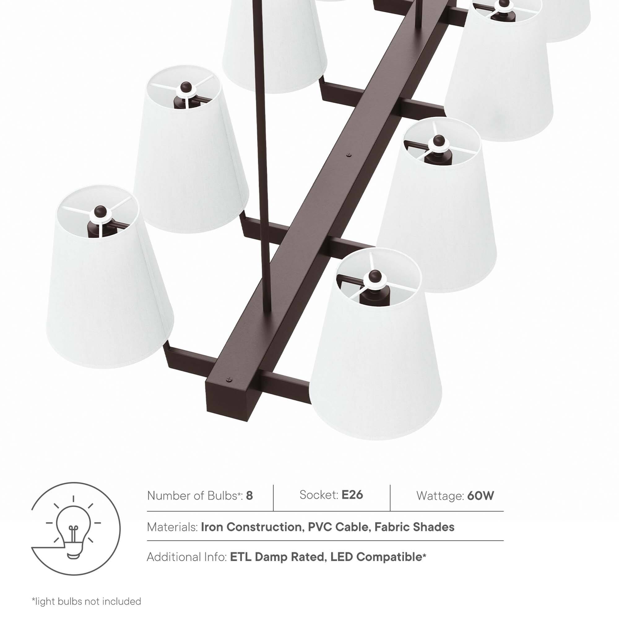 Number of Bulbs*: 8  
Socket: E26  
Wattage: 60W  
Materials: Iron Construction, PVC Cable, Fabric Shades  
Additional Info: ETL Damp Rated, LED Compatible*  

*light bulbs not included