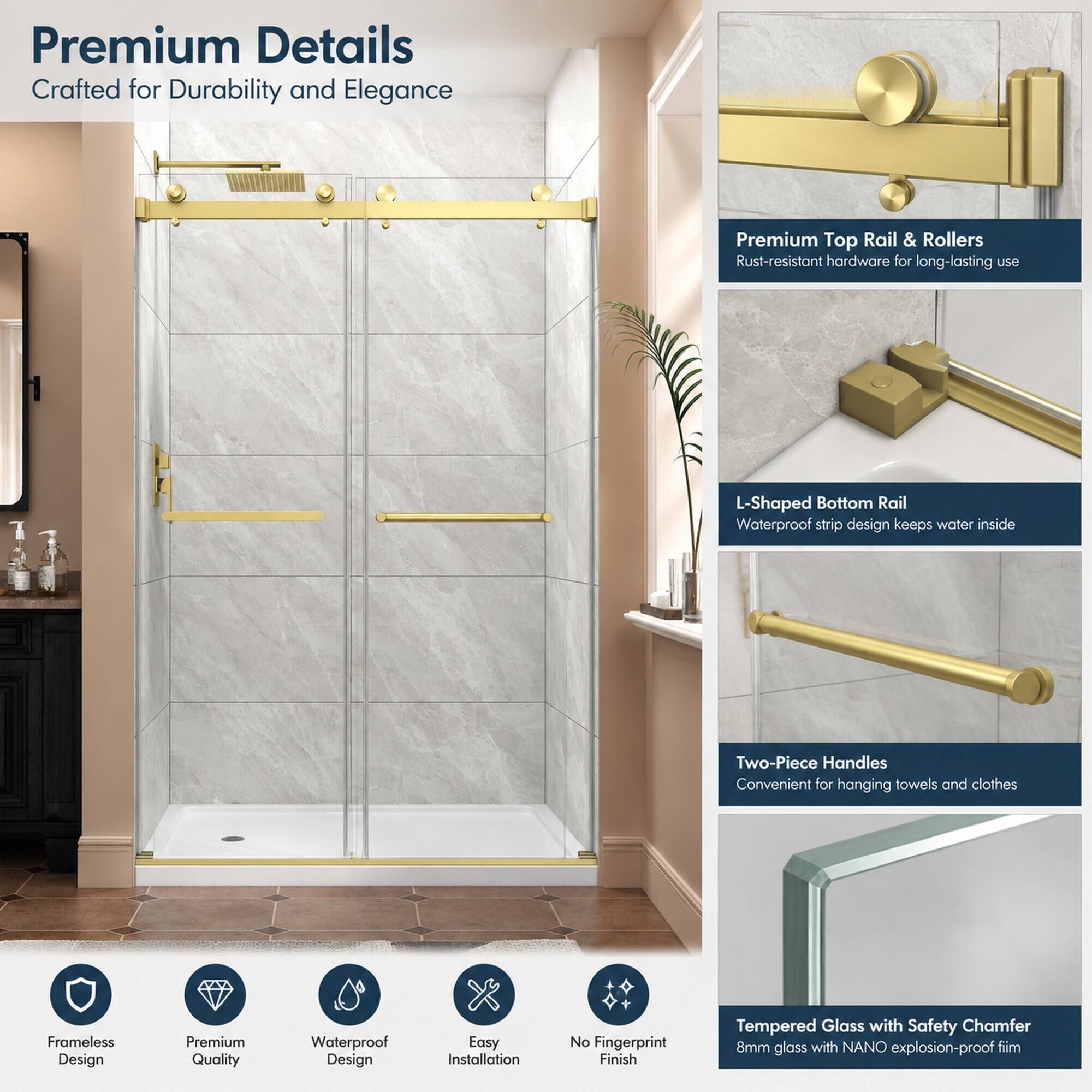 RYHNUYNE 43 48 In W X 76 In H Double Bypass Sliding Shower Door, 5/16 ...