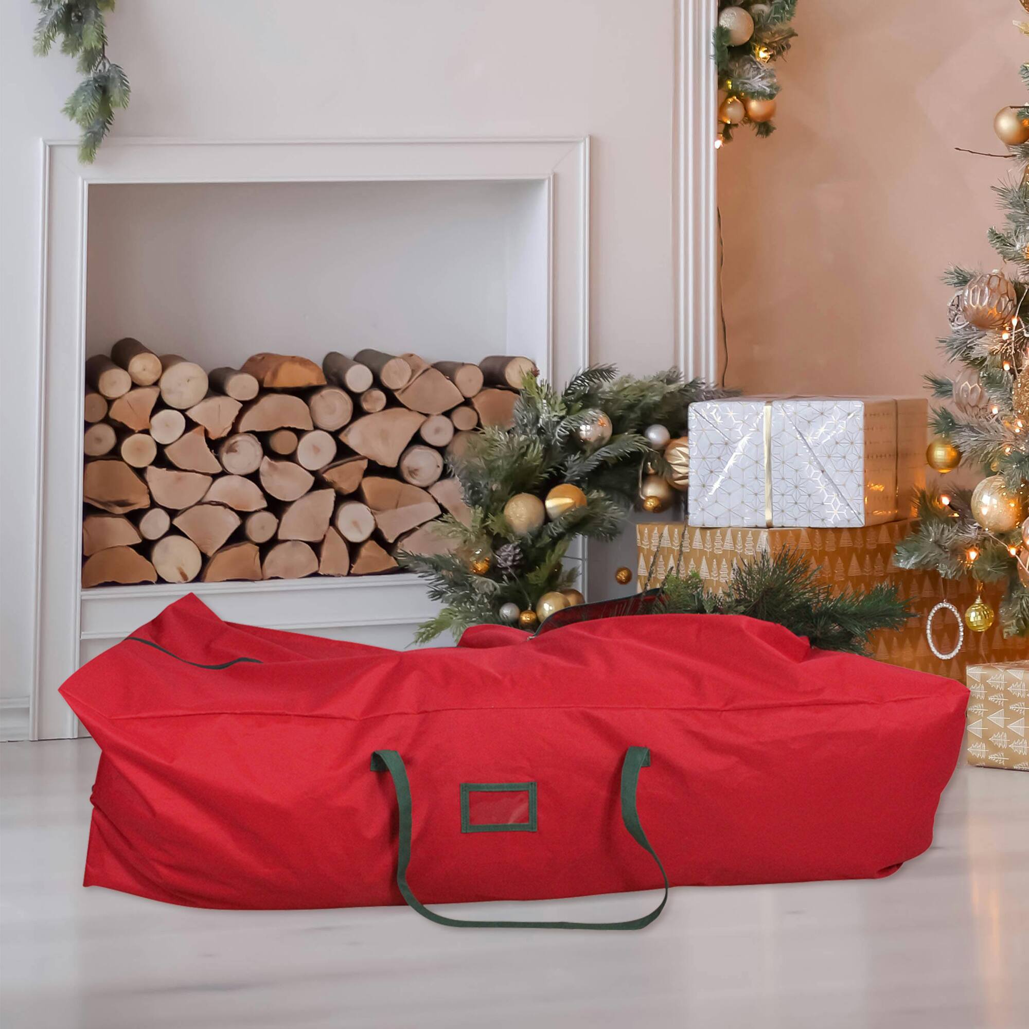 Alt View 2. Northlight - 7.5’ Red and Green Rolling Artificial Christmas Tree Storage Bag - Red.