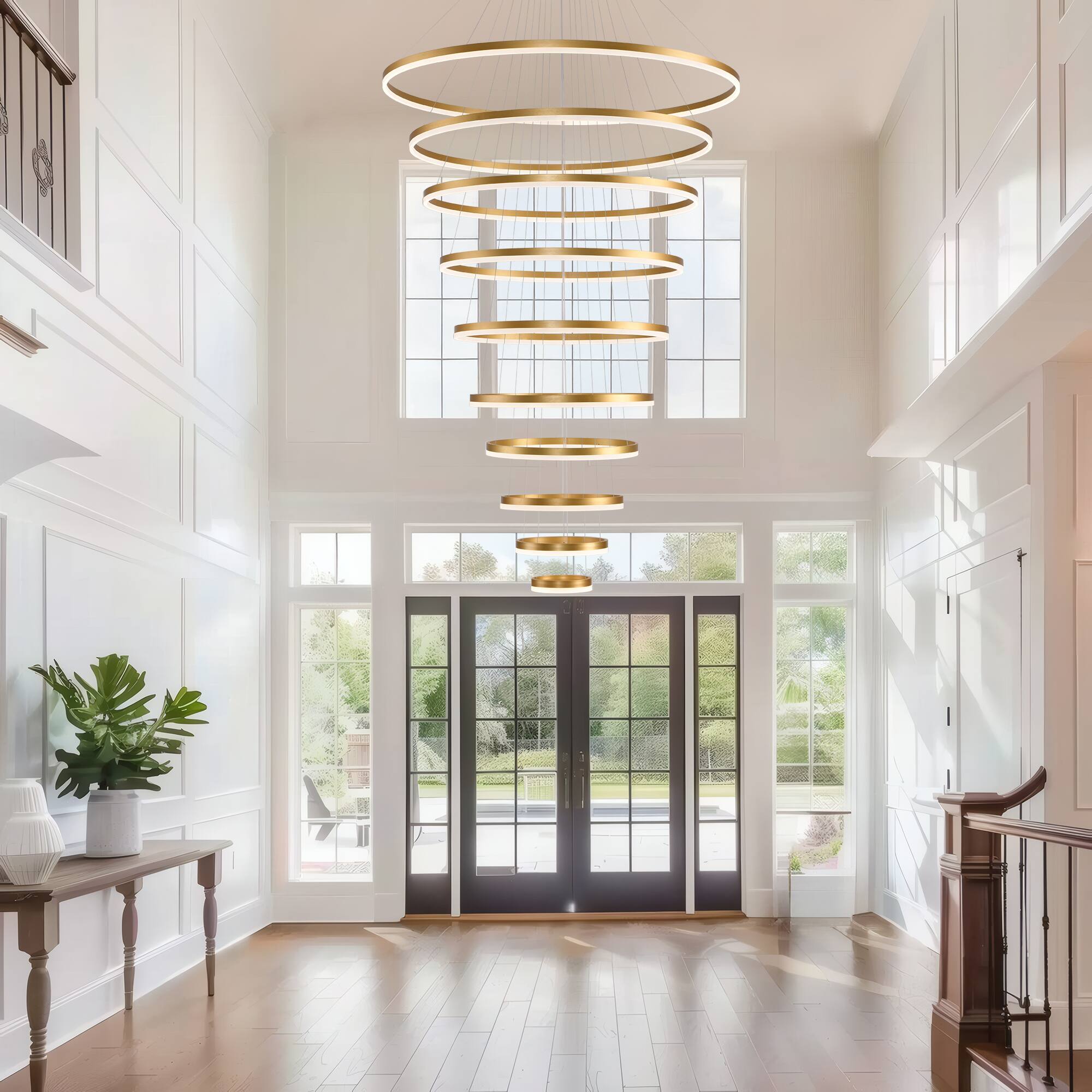 Alt View 2. RYHNUYNE - 10 Ring LED Chandelier with Remote Adjustable Dimmable Pendant Light for High Ceilings, Foyer, Living Room.