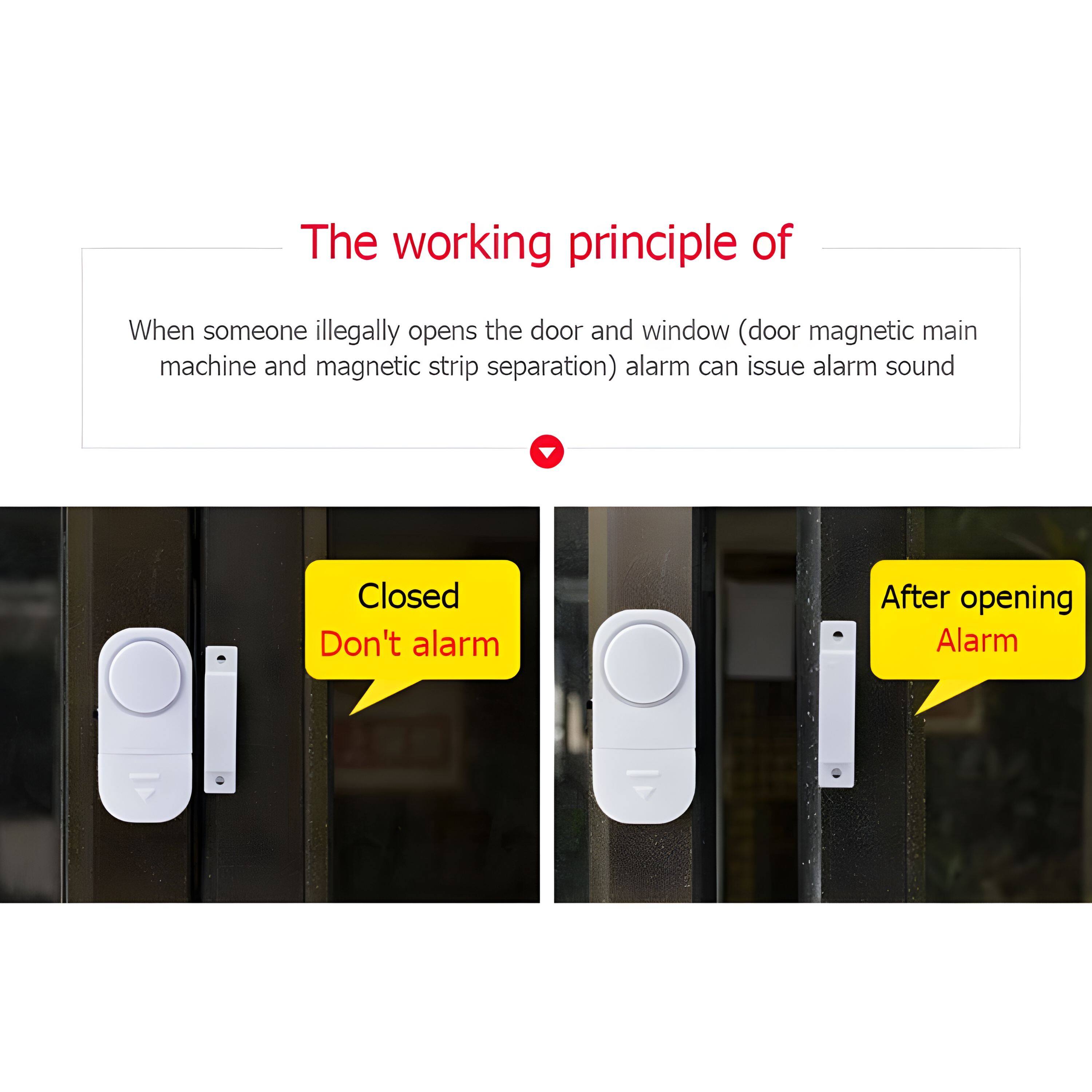 The working principle of

When someone illegally opens the door and window (door magnetic main machine and magnetic strip separation) alarm can issue alarm sound

Closed
Don't alarm

After opening
Alarm