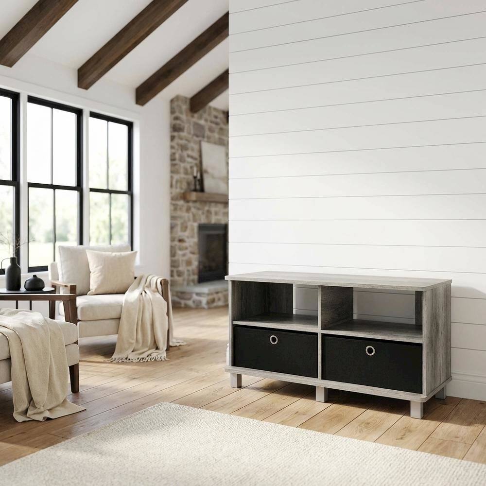 Alt View 4. FurniFact - Gray/Black entertainment center with bin drawers and modern design - French Oak Grey/Black.