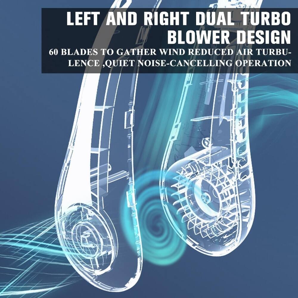 LEFT AND RIGHT DUAL TURBO BLOWER DESIGN  
60 BLADES TO GATHER WIND REDUCED AIR TURBULENCE, QUIET NOISE-CANCELLING OPERATION